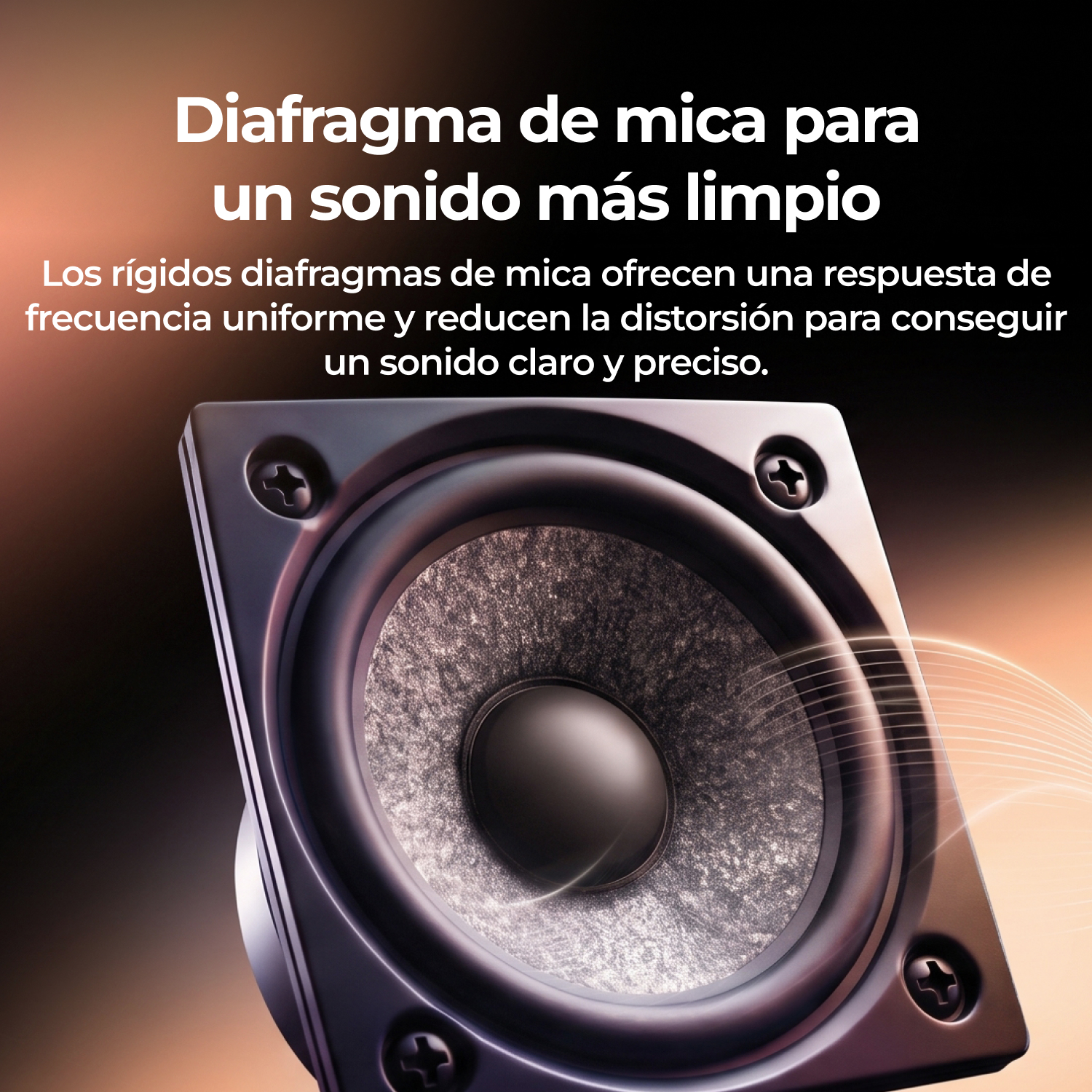 Primer plano de un altavoz con borde negro brillante sobre fondo cálido con texto en español.