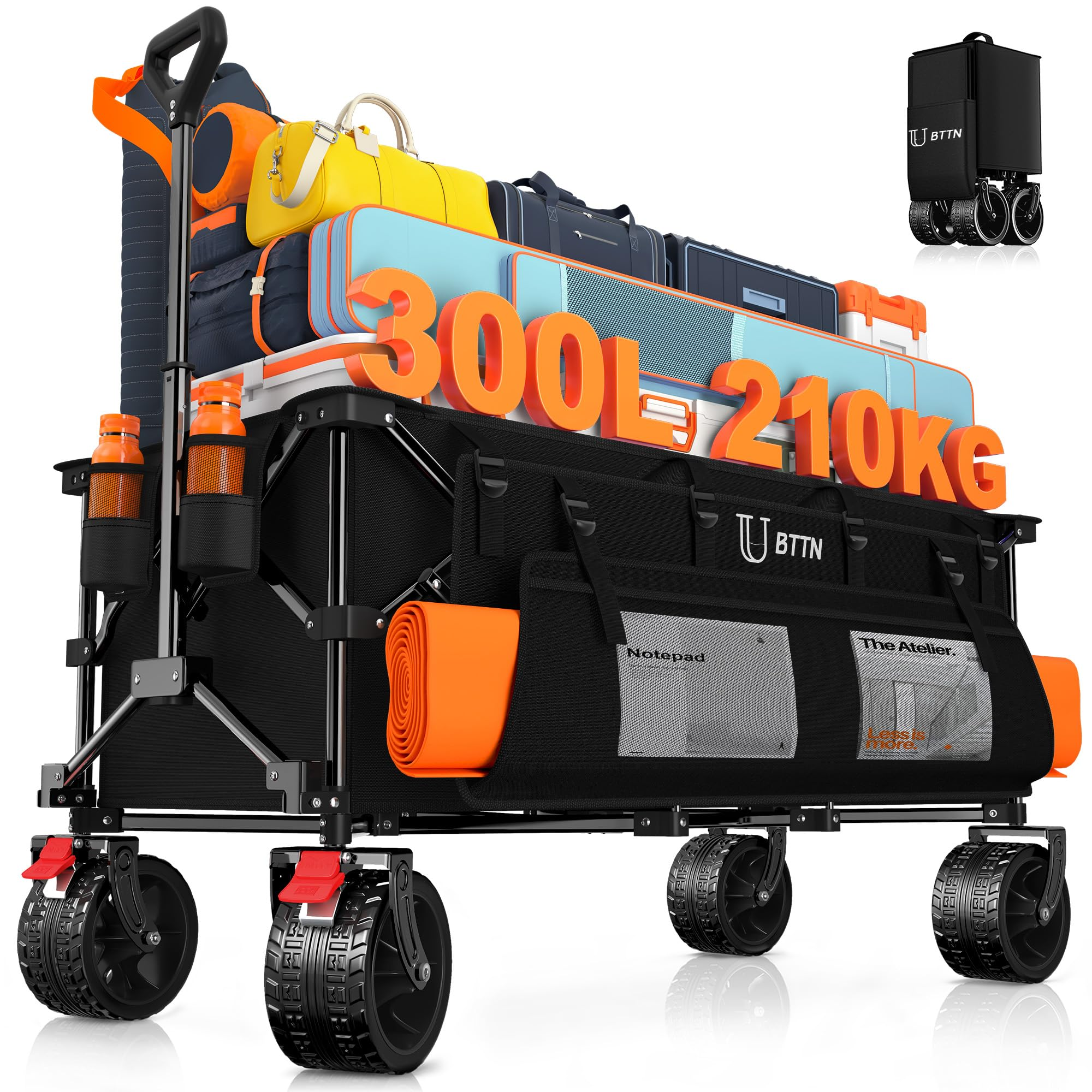 Un chariot pliable noir chargé de bagages, de sacs et de tapis oranges, affichant 300L-210KG.