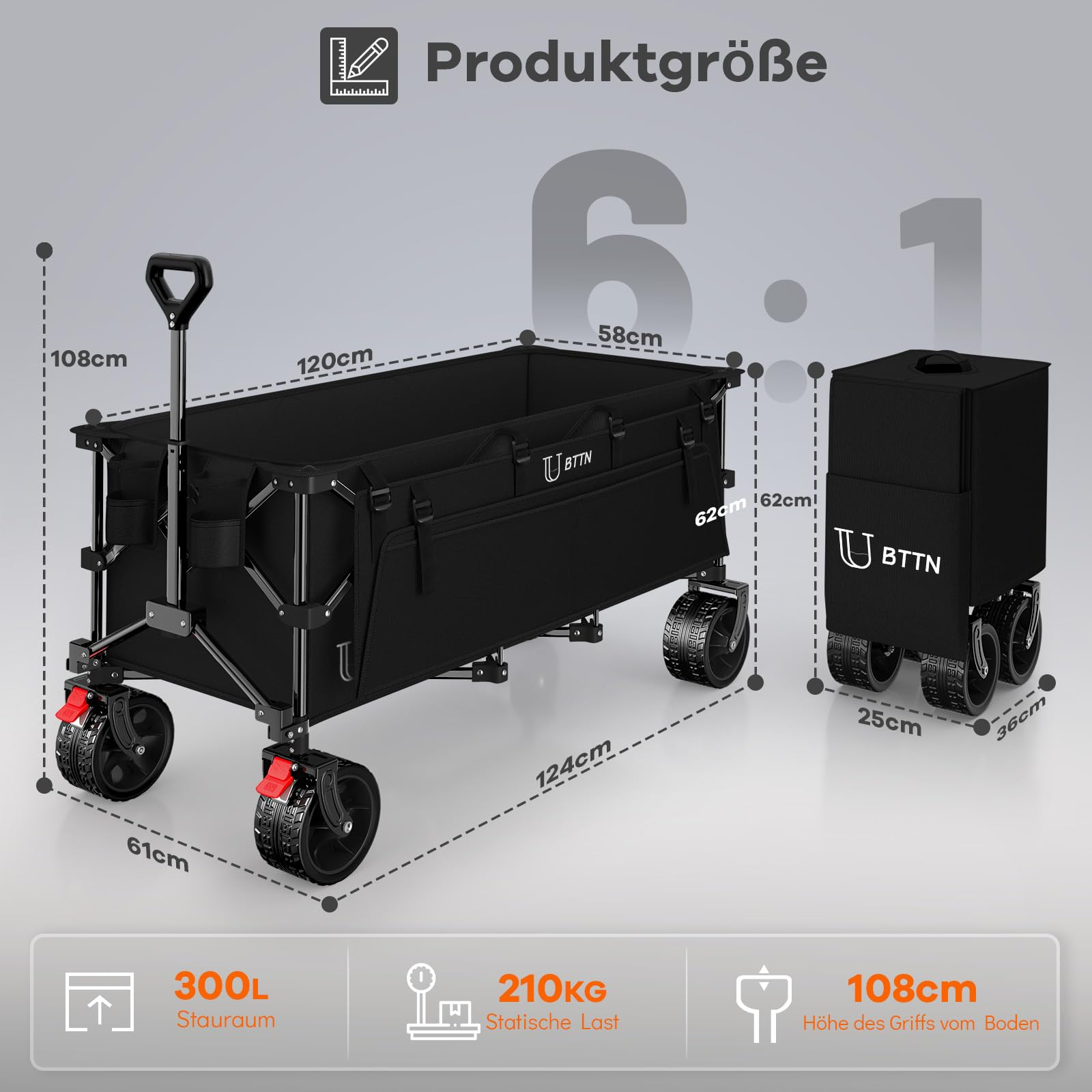 Chariot utilitaire noir avec dimensions, vue pliée et caractéristiques comme un volume de 300L et une charge de 210KG.
