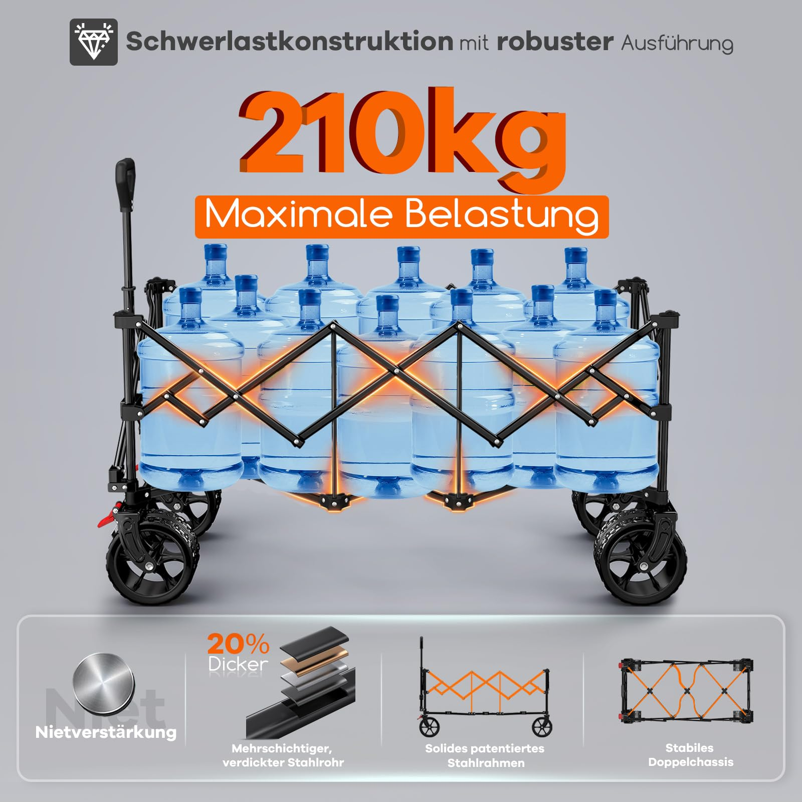 Un chariot de transport robuste chargé de onze grandes bouteilles d'eau bleues, affichant une capacité de 210 kg.