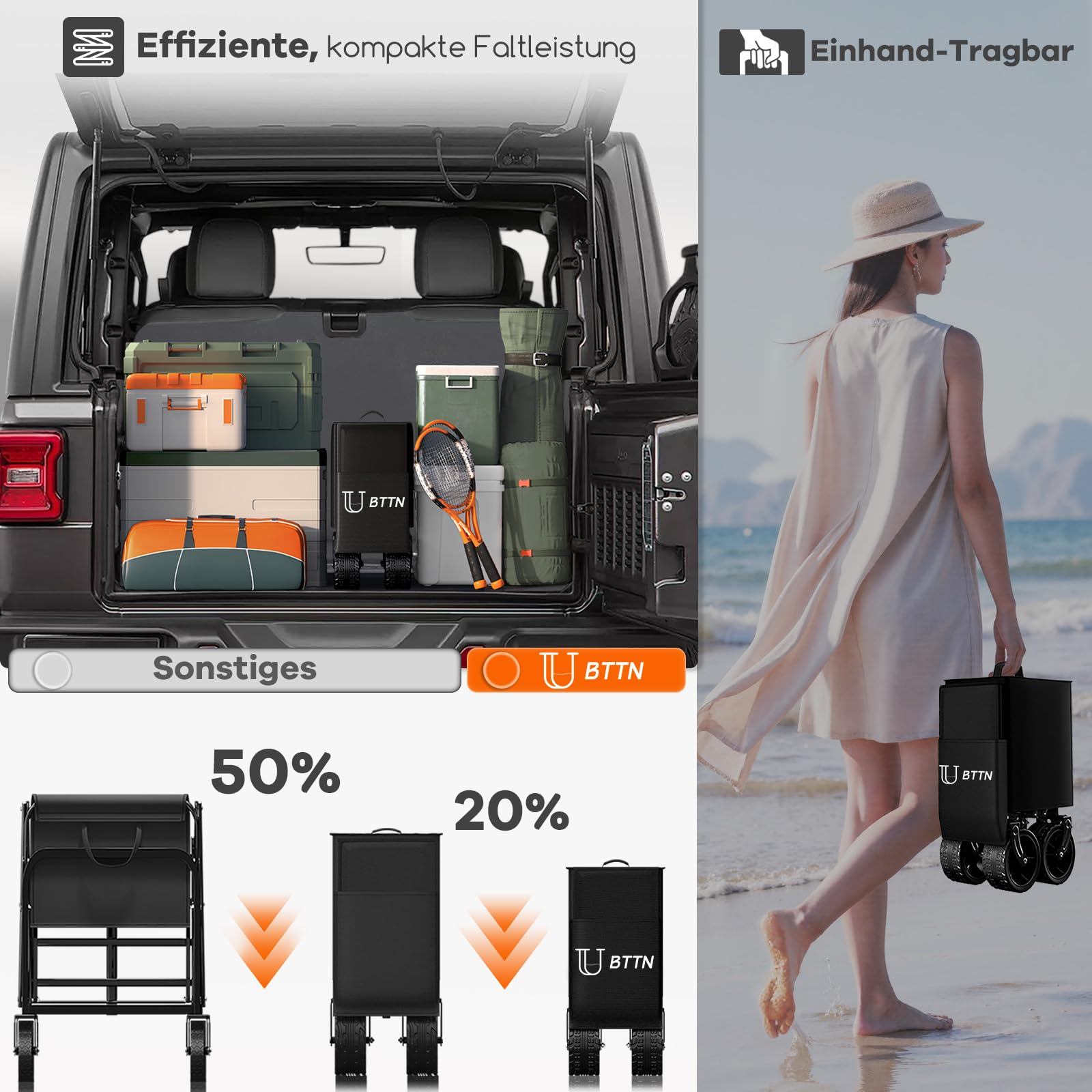 Une femme porte un chariot pliable compact sur une plage; coffre avec des bagages.