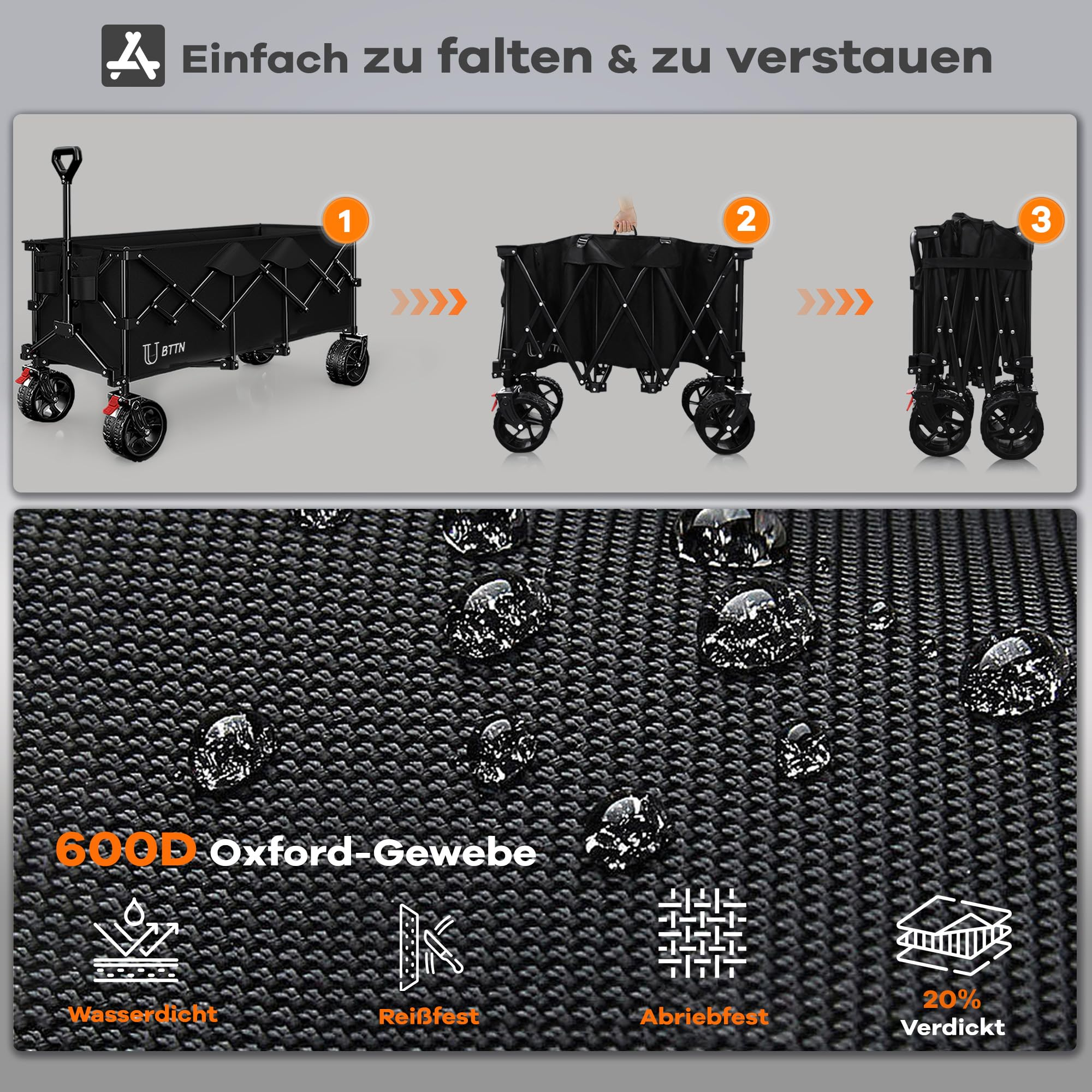Étapes pour plier un chariot de transport noir et gros plan sur son tissu Oxford 600D imperméable.