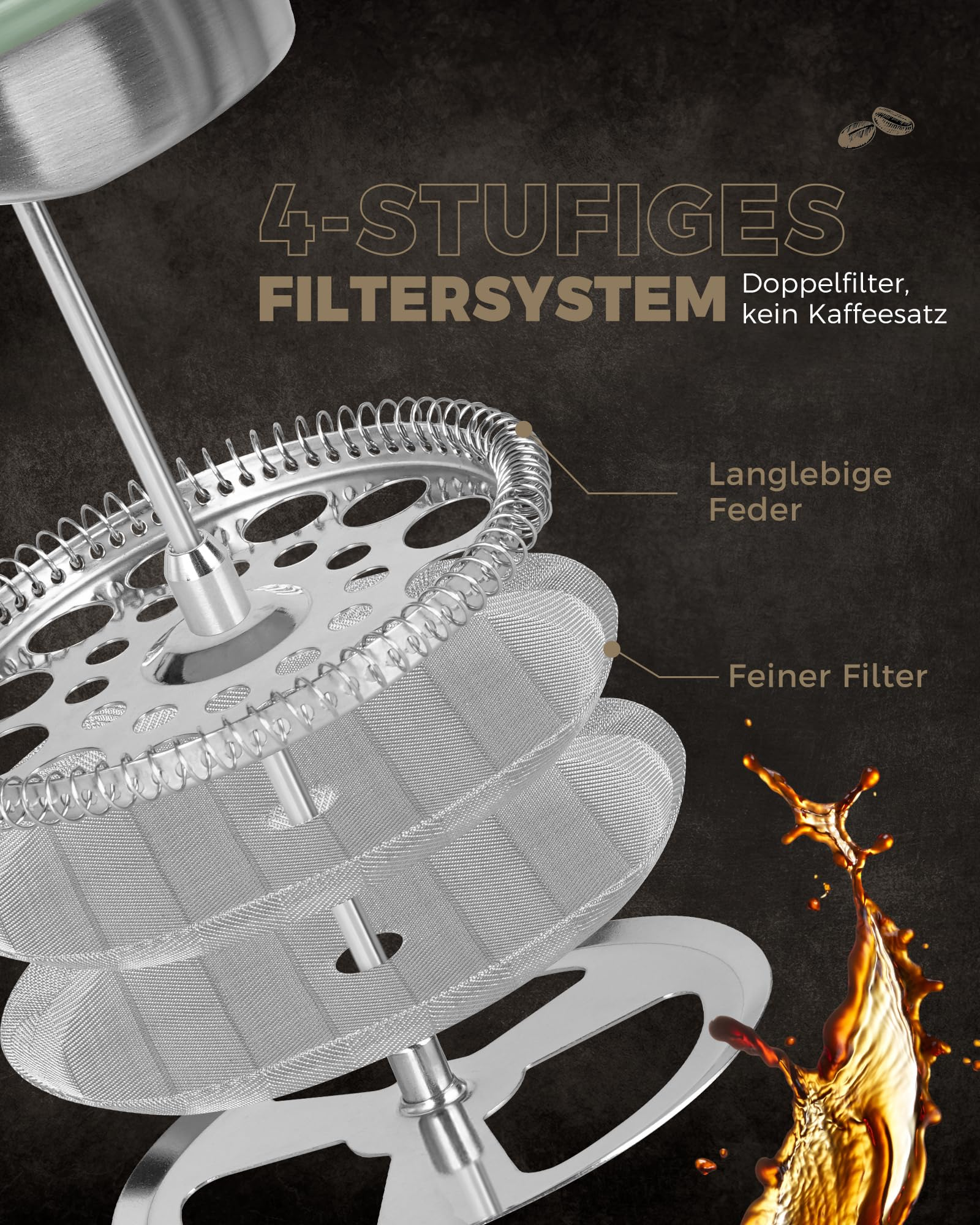 Schema di un sistema di filtraggio a 4 stadi con molla resistente e filtro fine anti-fondi.