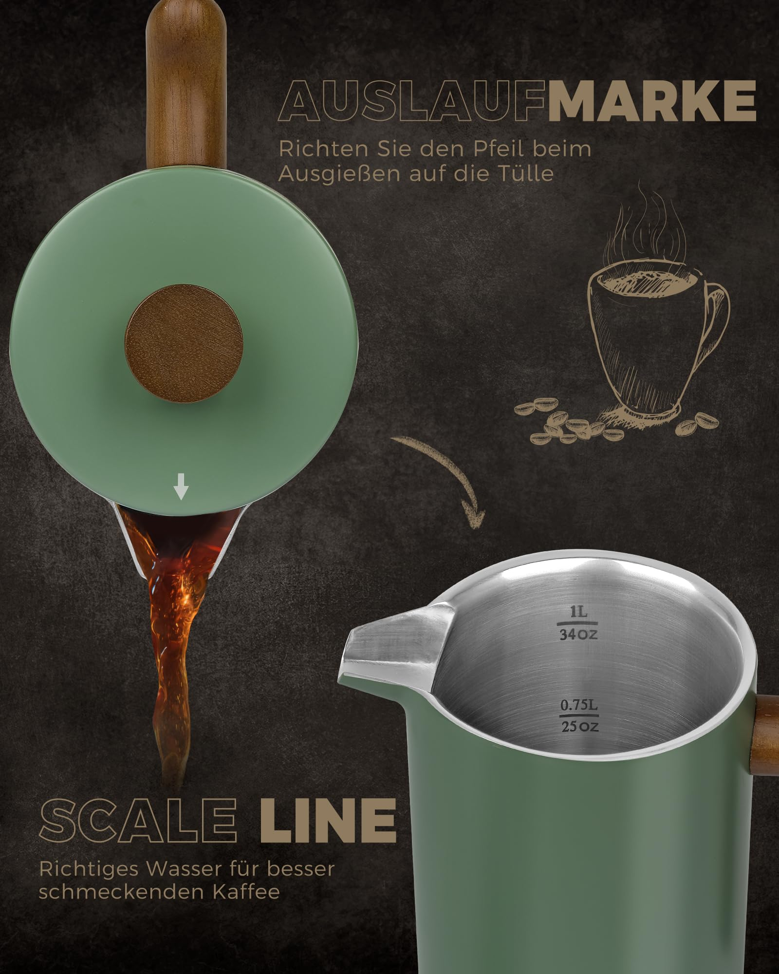 Una caffettiera verde versa del liquido in un misurino, con testo in tedesco e illustrazione di caffè.