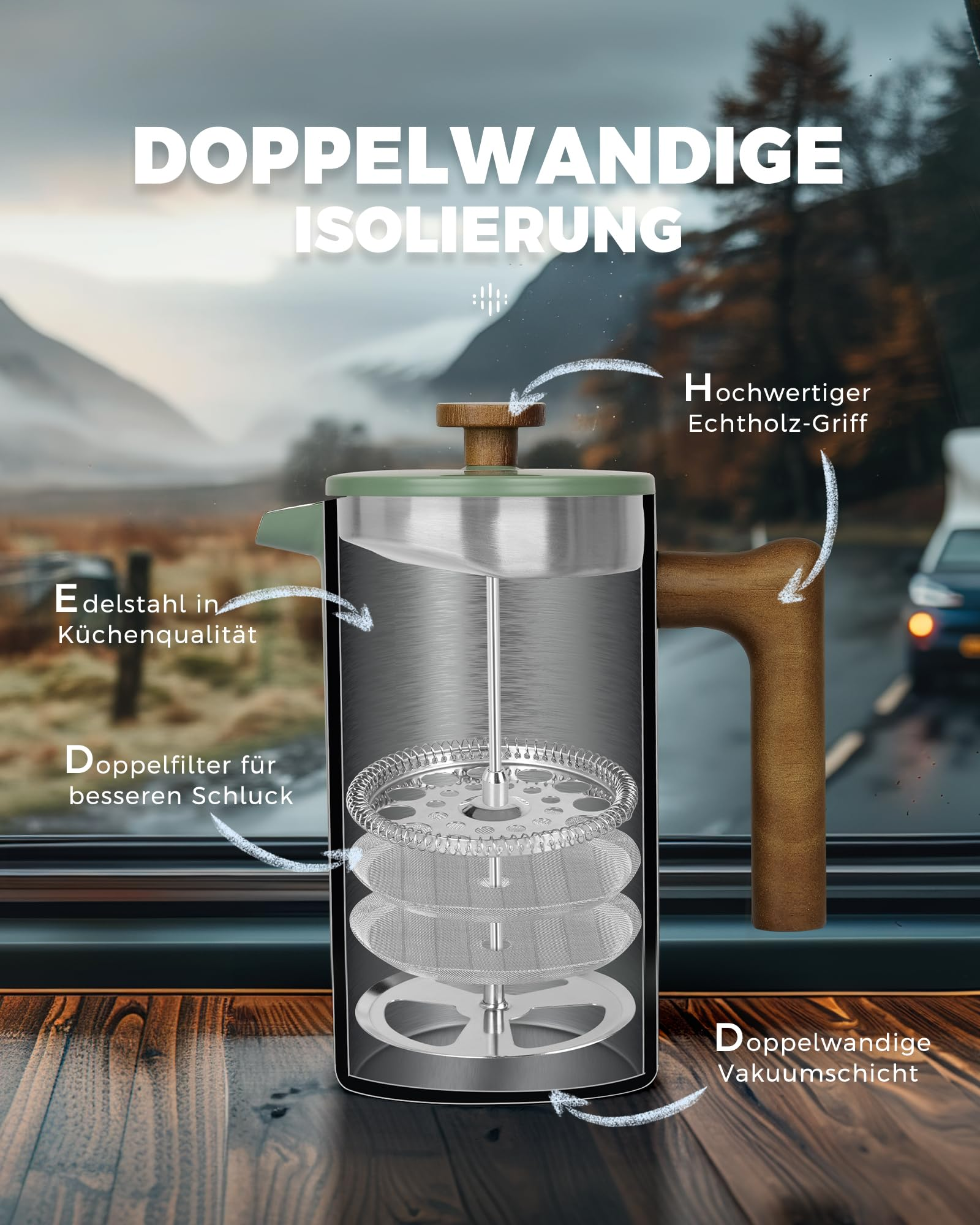 Modello in sezione di una caffettiera francese con isolamento a doppia parete davanti a un paesaggio montano.