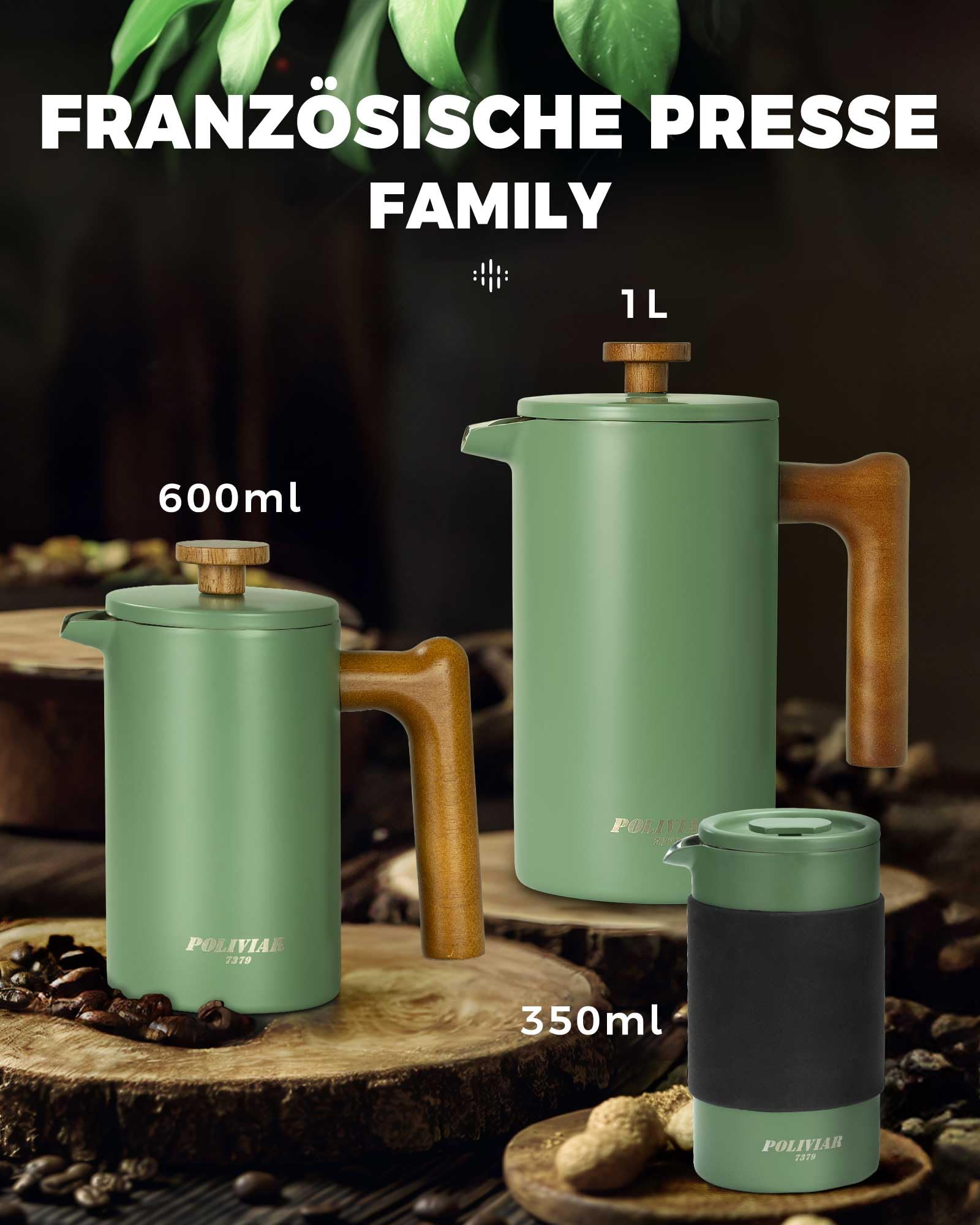 Tre presse francesi verdi con manici in legno di diverse dimensioni su fette di legno.