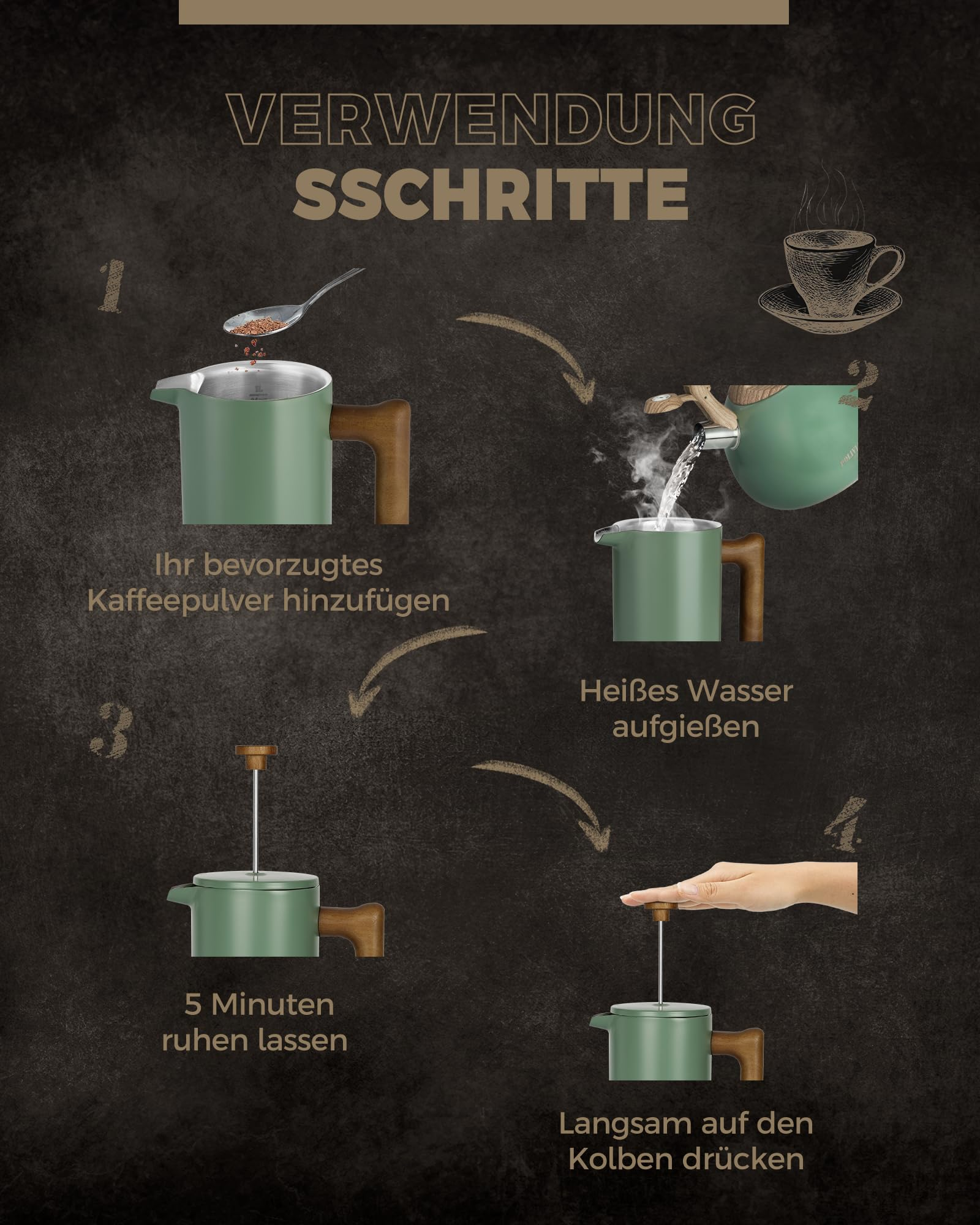 Istruzioni in 4 passaggi per preparare il caffè con una pressa francese verde su sfondo scuro.