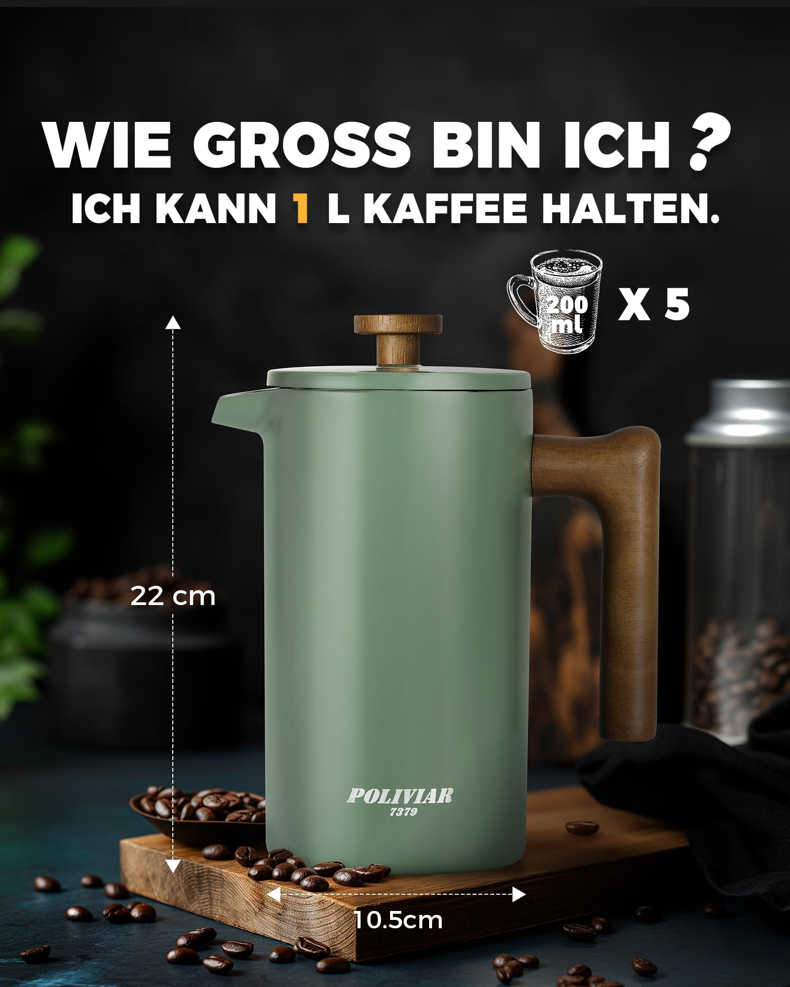 Caffettiera francese verde su asse di legno con chicchi di caffè, alta 22 cm, larga 10,5 cm, capienza 1L.