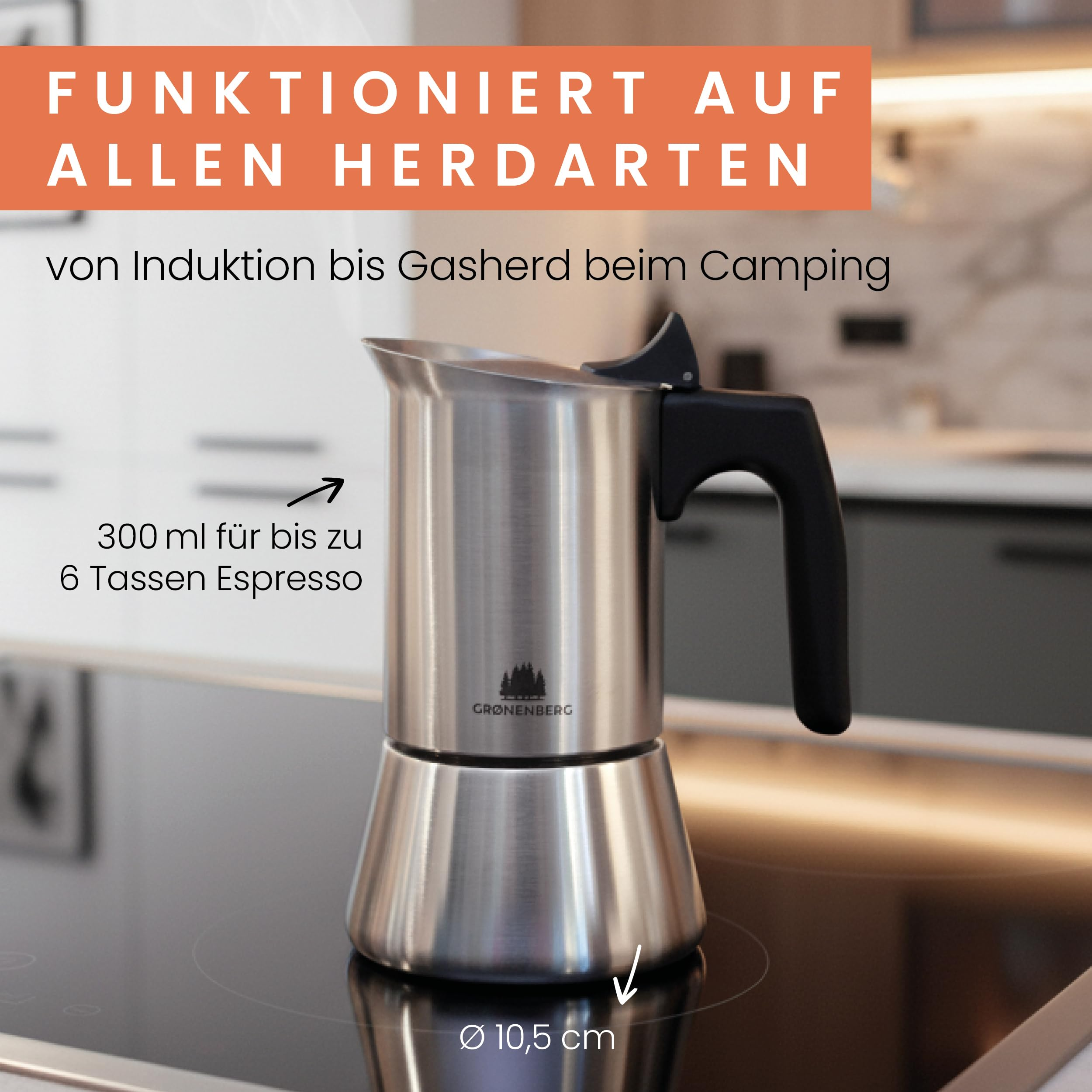 Une cafetière espresso en acier inoxydable sur une cuisinière, avec du texte en allemand.