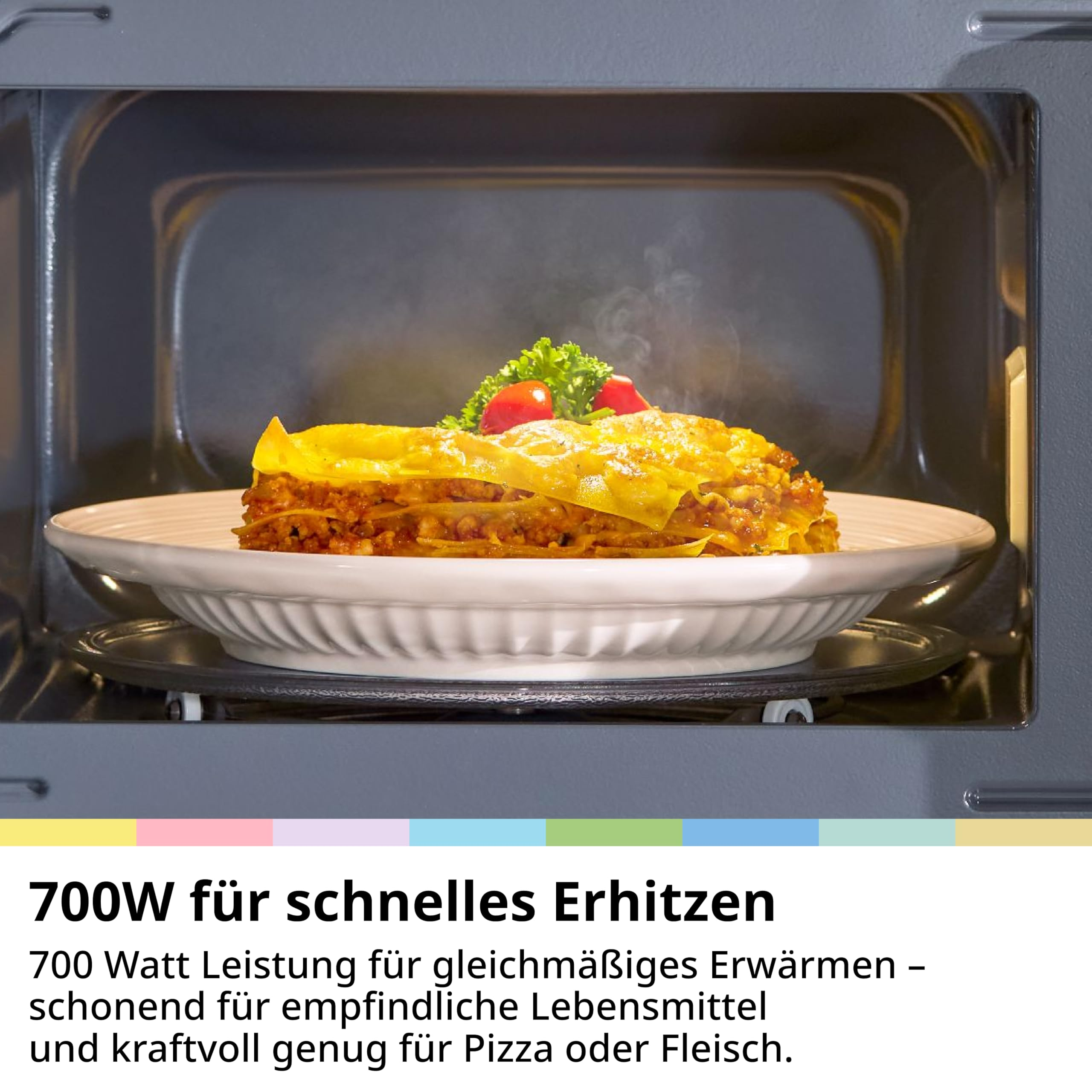 Ein Teller dampfende Lasagne in einer Mikrowelle, mit Text unten über 700W Leistung.