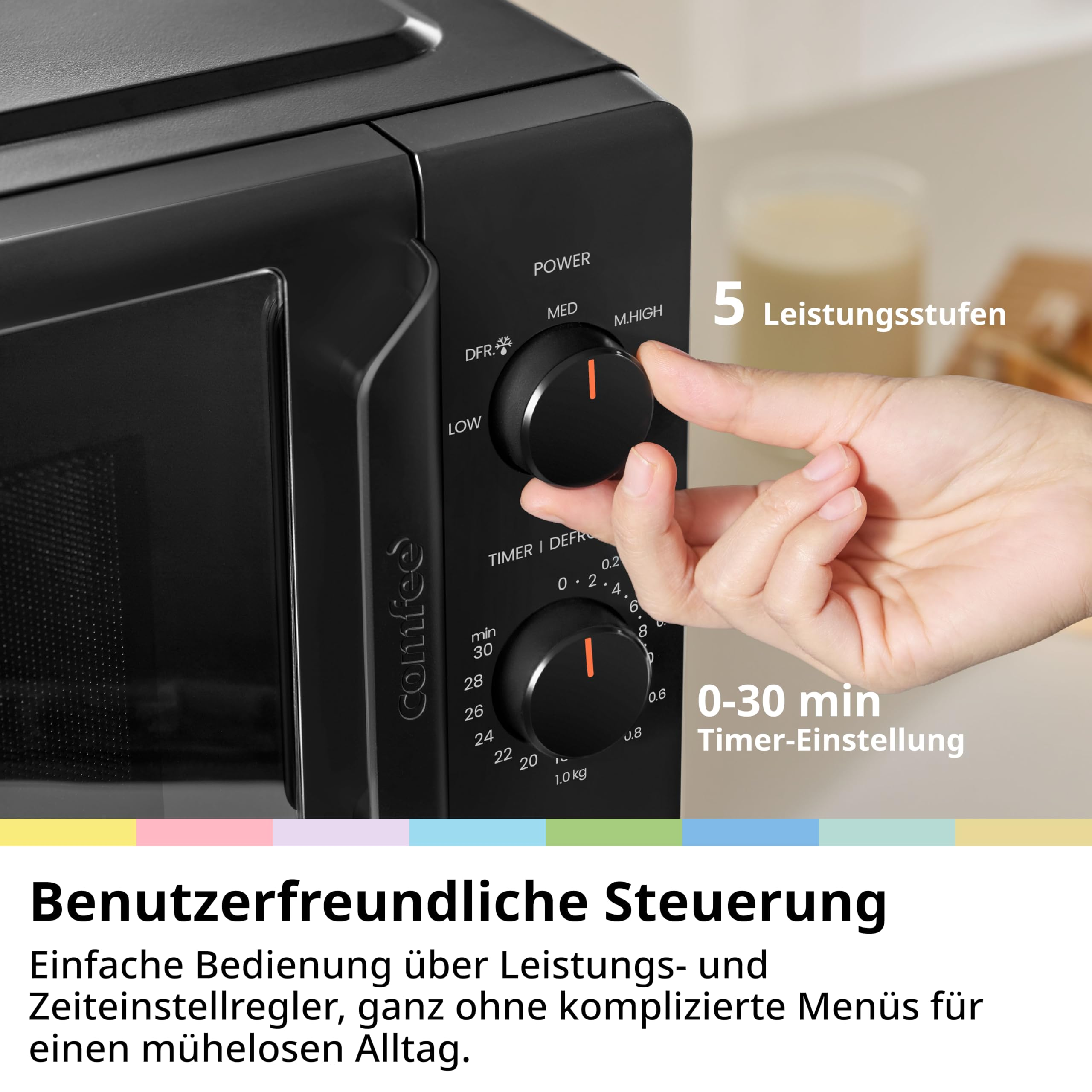 Hand dreht Regler an einer schwarzen Mikrowelle mit Text "Benutzerfreundliche Steuerung".