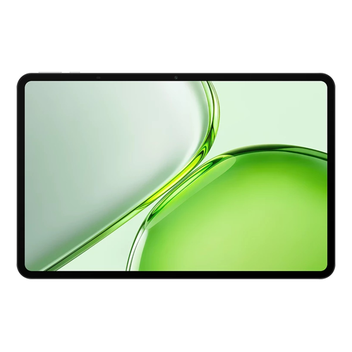 Ein schwarzes Tablet zeigt ein grün-weißes abstraktes Hintergrundbild mit glänzenden Formen.