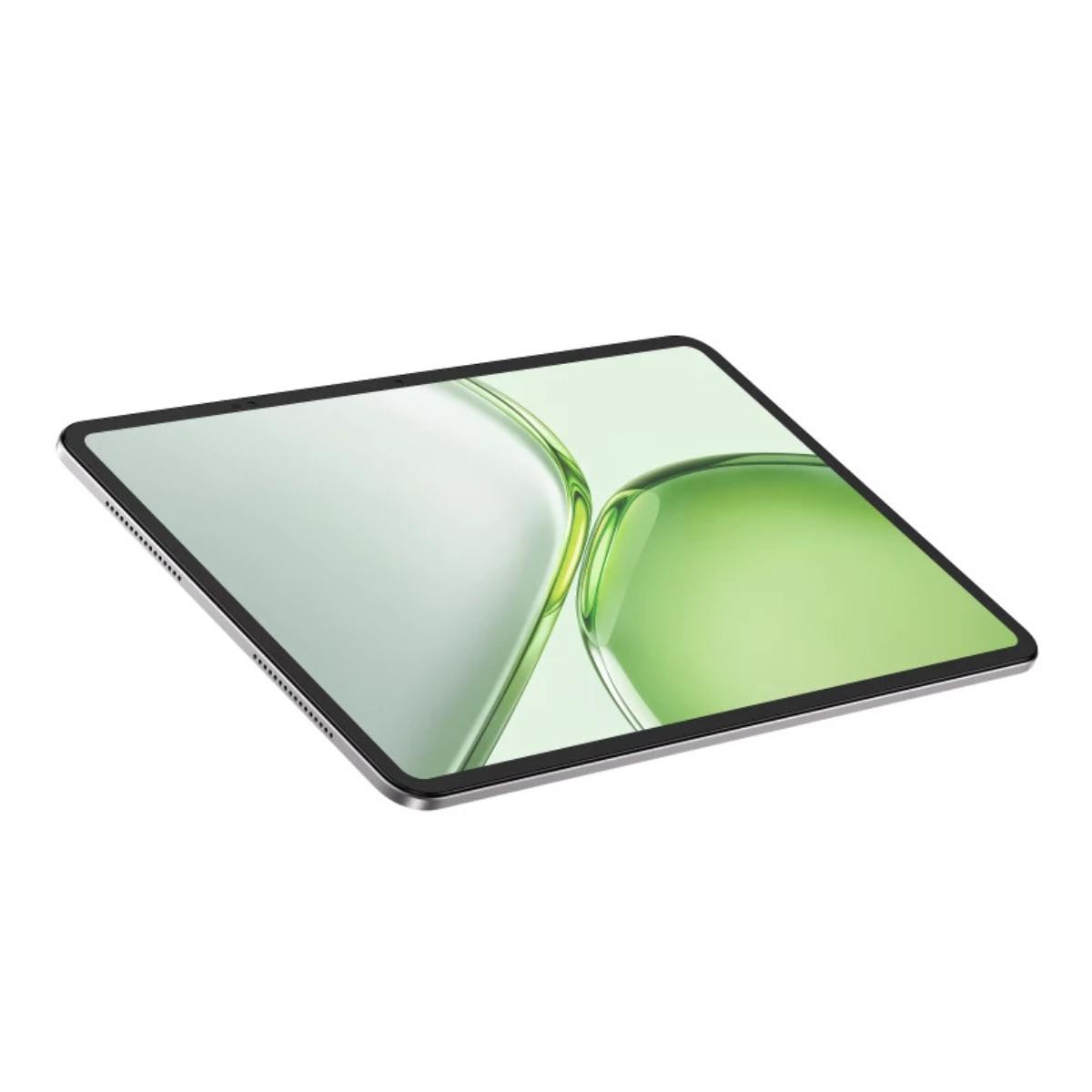 Ein silbernes Tablet mit dünnem Rahmen liegt flach auf weißem Hintergrund und zeigt einen grünen, abstrakten Bildschirm.