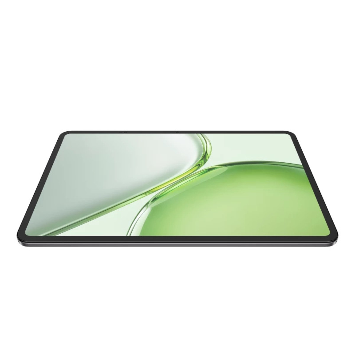 Ein Tablet liegt flach und zeigt ein hellgrünes, abstraktes Hintergrundbild auf einem weißen Hintergrund.