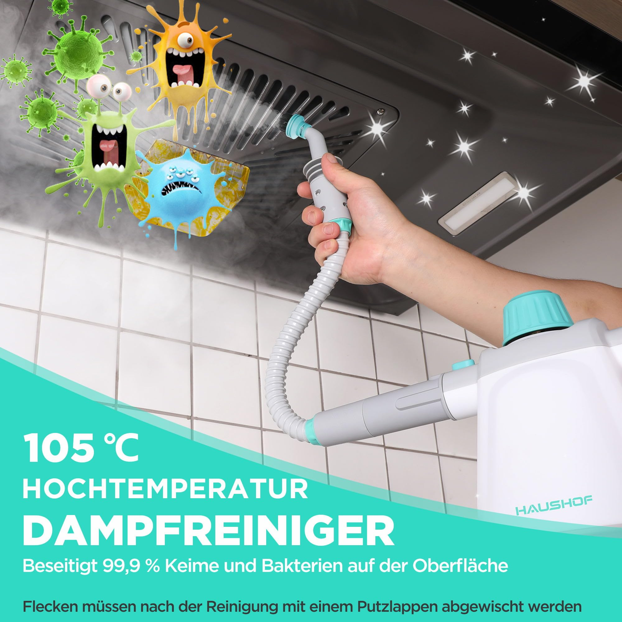Ein Handdampfreiniger reinigt eine Dunstabzugshaube, umgeben von Grafiken schreiender Keime.