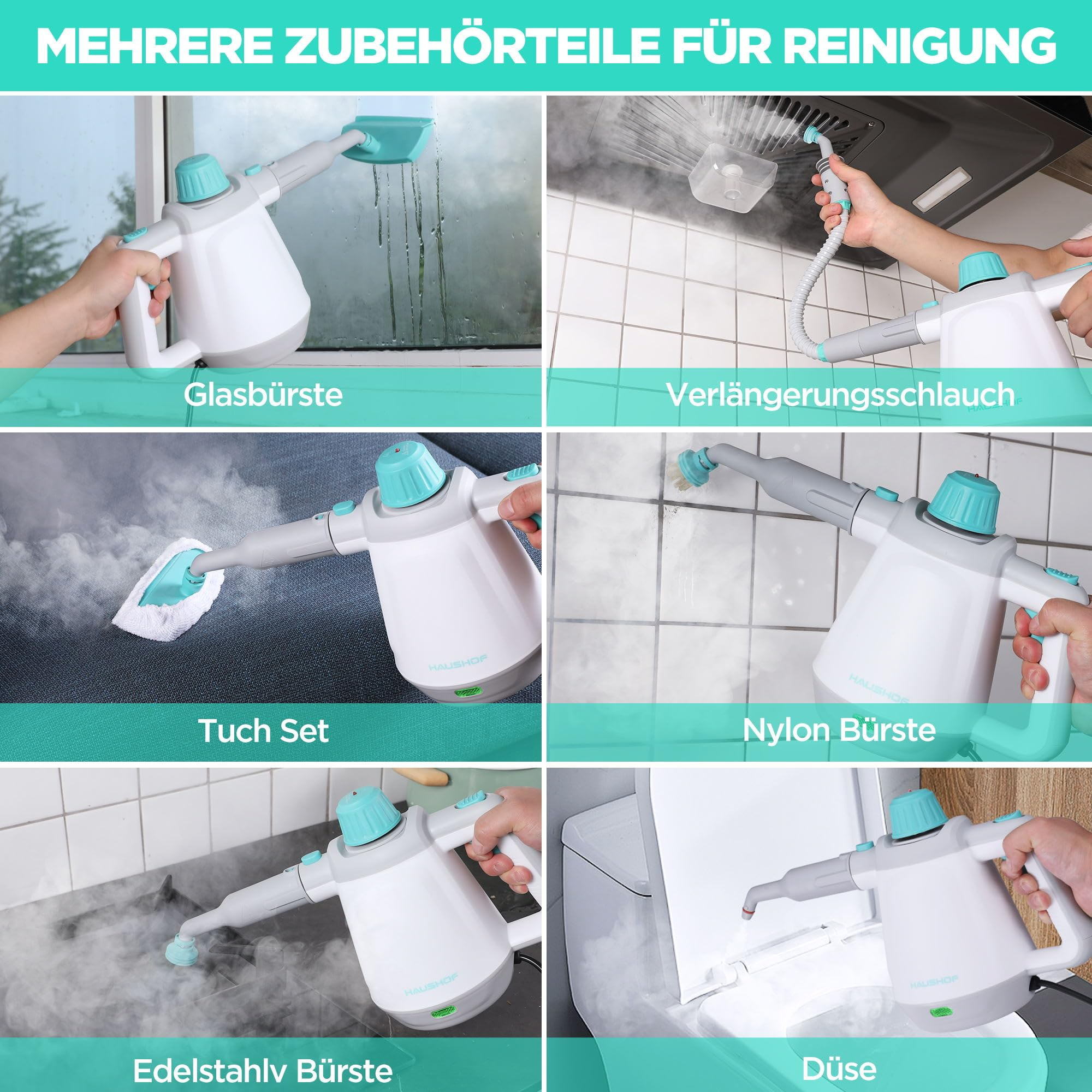 Sechs Bilder zeigen einen tragbaren Dampfreiniger mit verschiedenen Aufsätzen bei der Reinigung von Oberflächen.