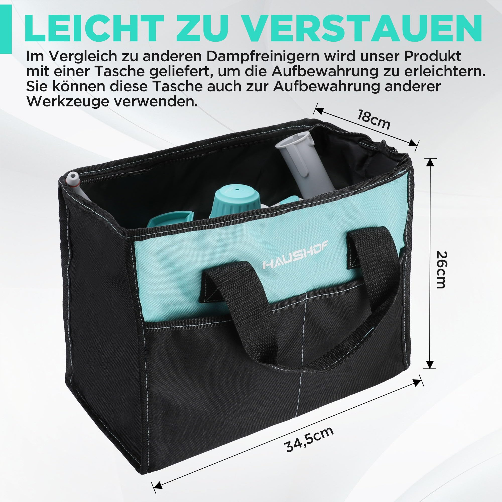 Schwarze und türkise Haushof-Werkzeugtasche mit Maßen von 34,5x18x26 cm und Inhalt.