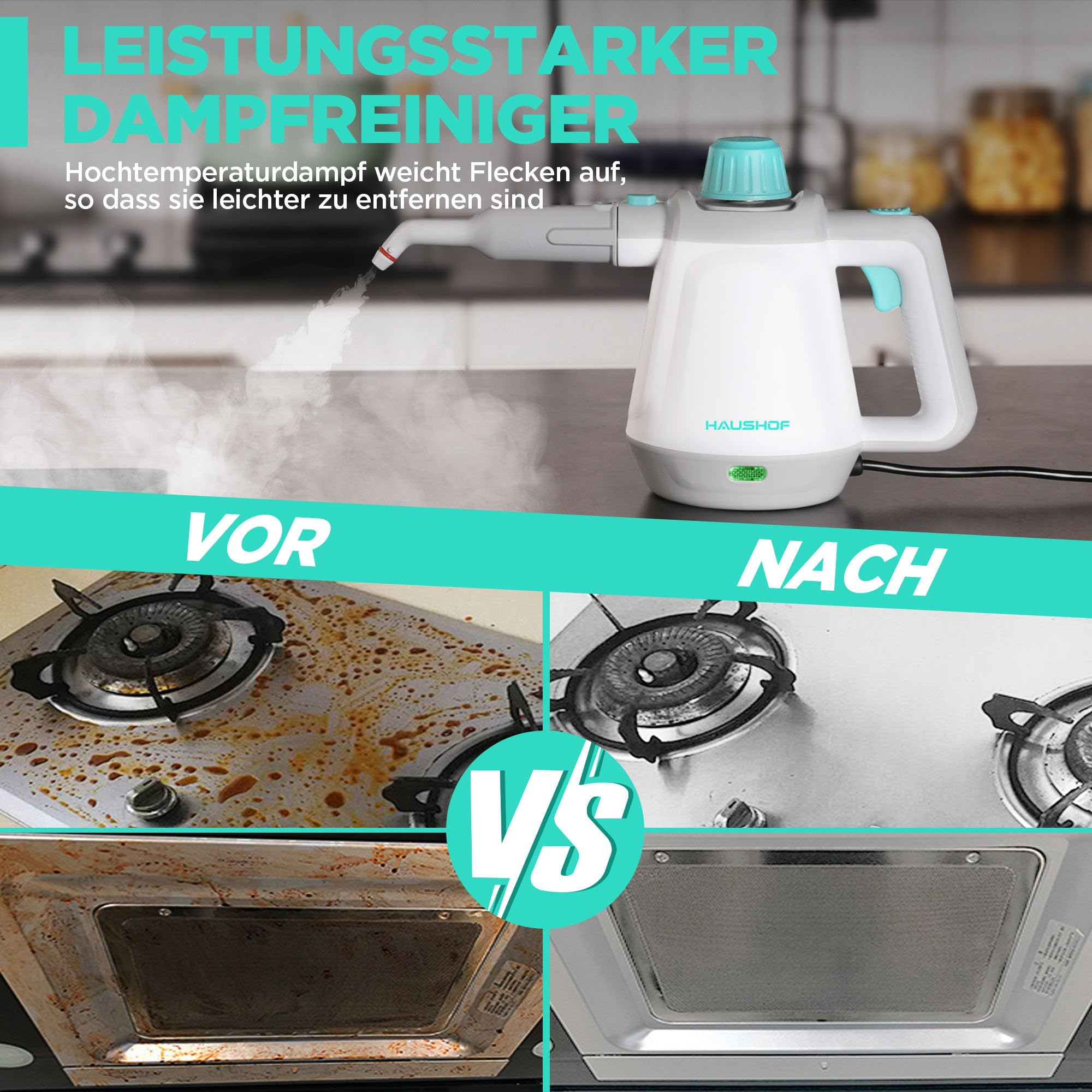 Ein tragbarer Dampfreiniger zeigt vorher-nachher Ergebnisse bei der Reinigung eines schmutzigen Kochfelds.