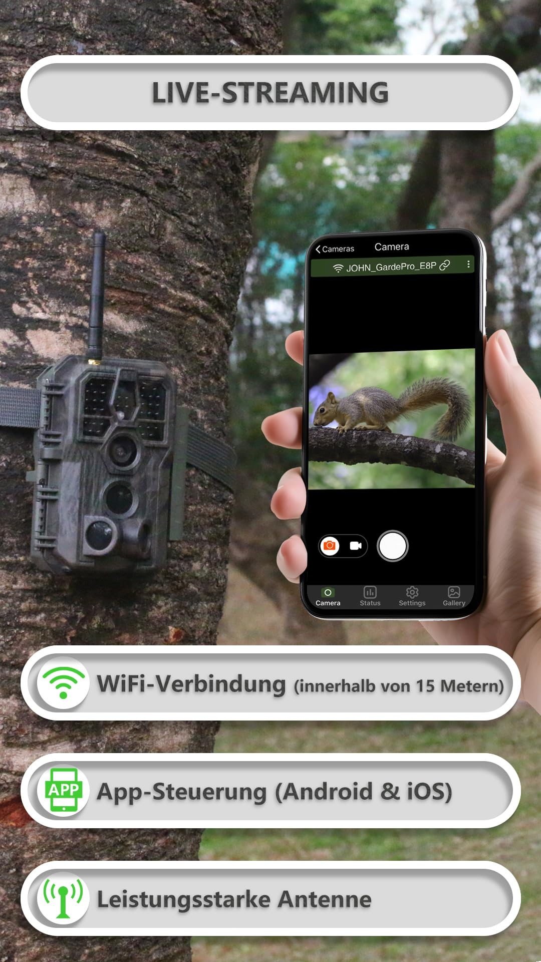 Fotocamera da caccia su albero con controllo app e streaming live.