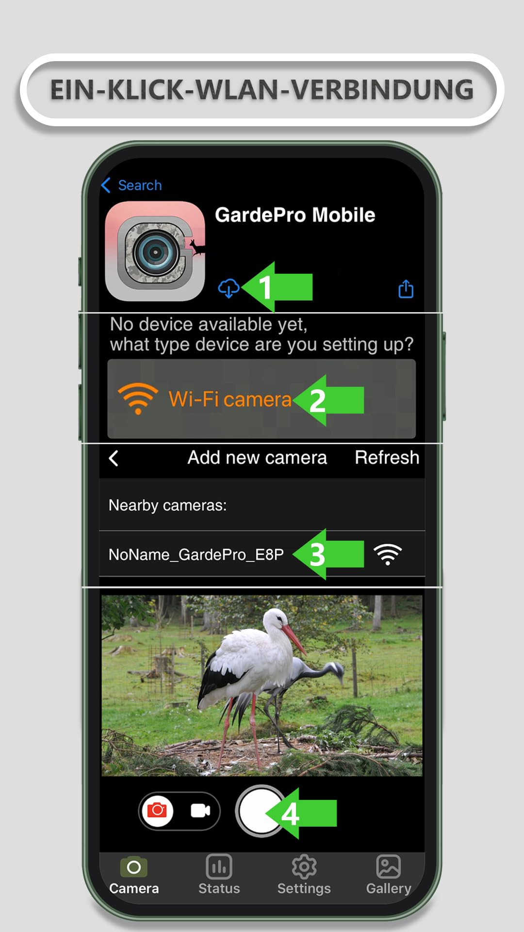 Schermo dello smartphone con l'app GardePro Mobile e quattro frecce verdi numerate per la configurazione Wi-Fi.