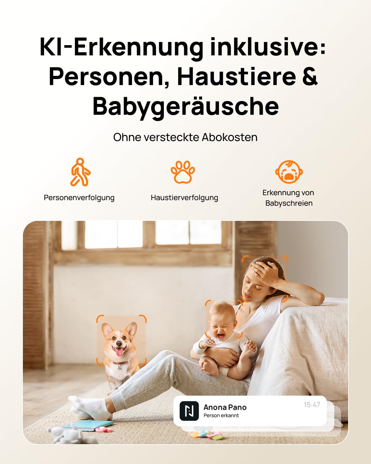 Publicité de détection IA avec icônes pour personnes, animaux et pleurs de bébé, et une image d'une mère avec enfant et chien.