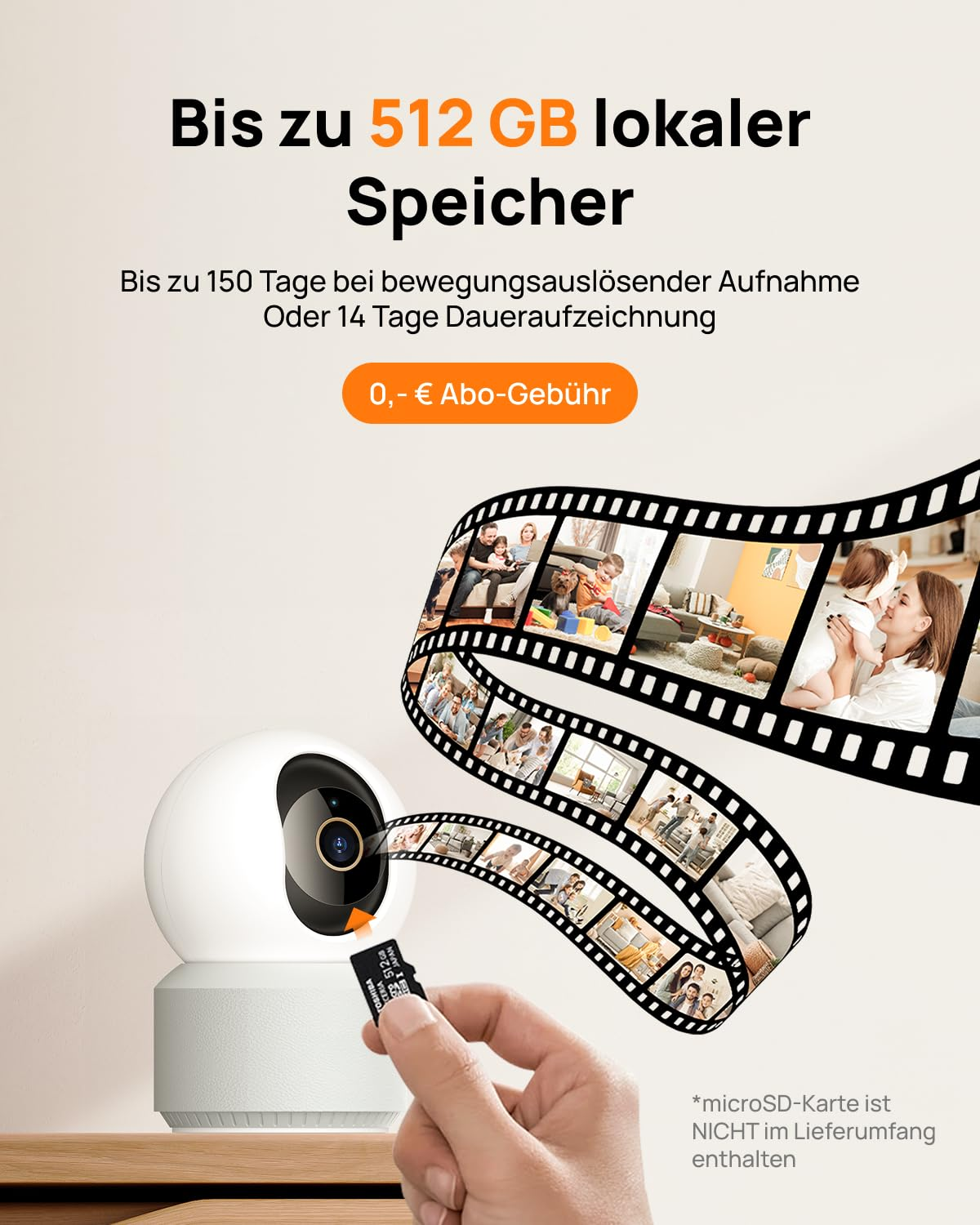 Caméra de sécurité blanche avec carte mémoire et texte publicitaire en allemand.
