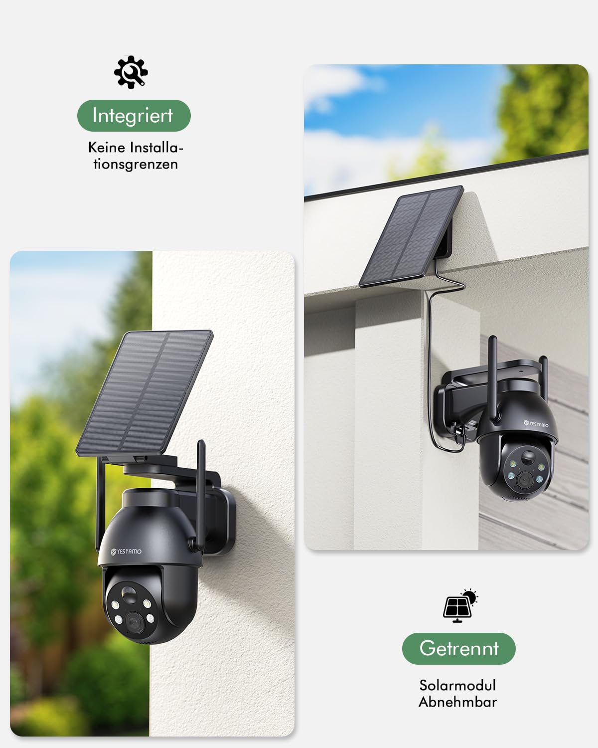 Überwachungskamera mit Solarpanel in integrierter und getrennter Montage.