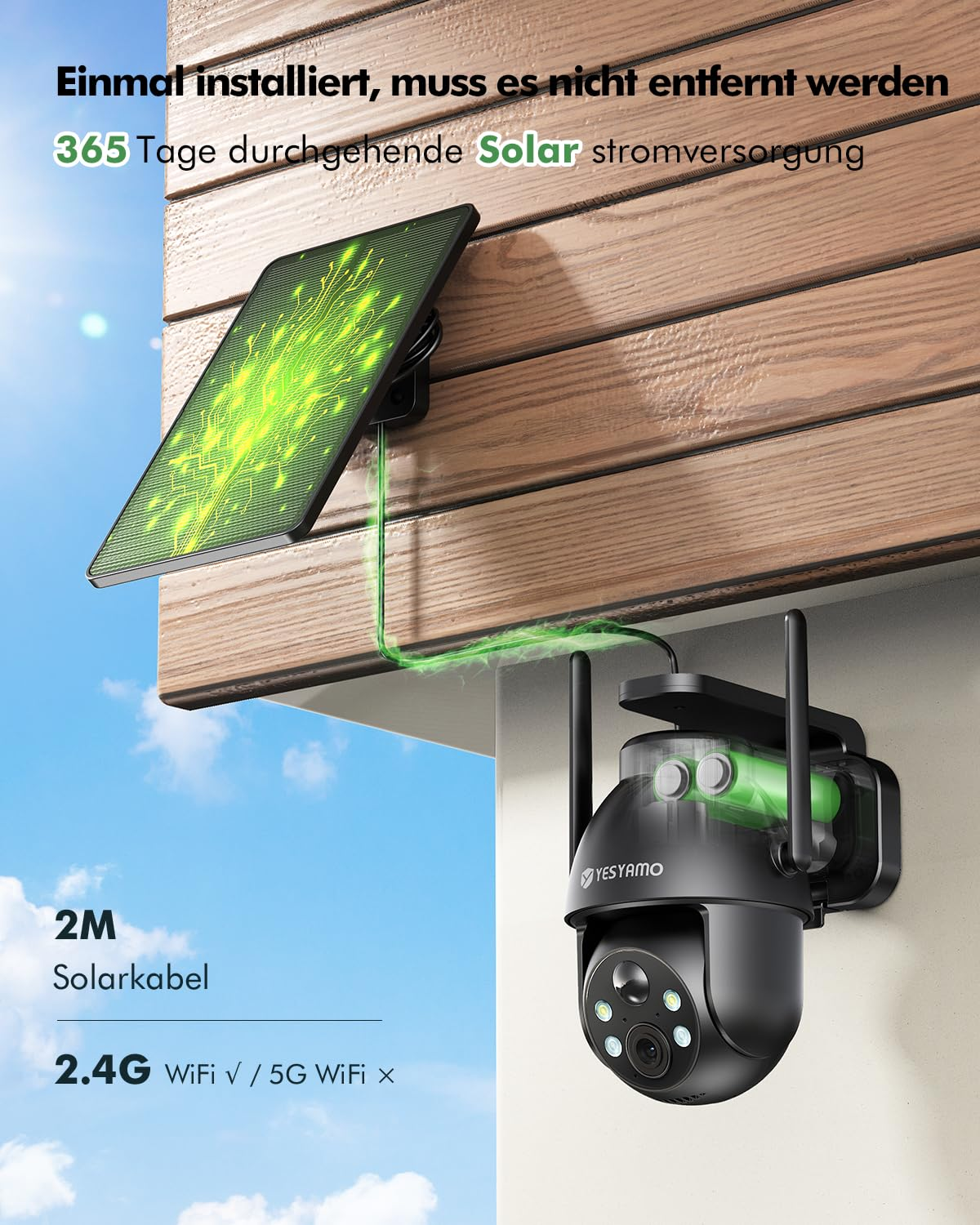 Ein Solarmodul an einer Holzwand ist über ein Kabel mit einer schwarzen Überwachungskamera darunter verbunden.