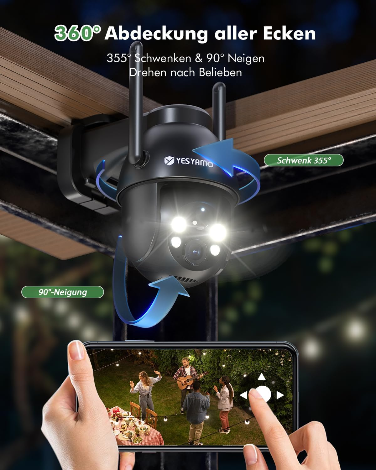 Schwarze Überwachungskamera unter einem Dach, gesteuert über eine Smartphone-App mit Live-Bild.