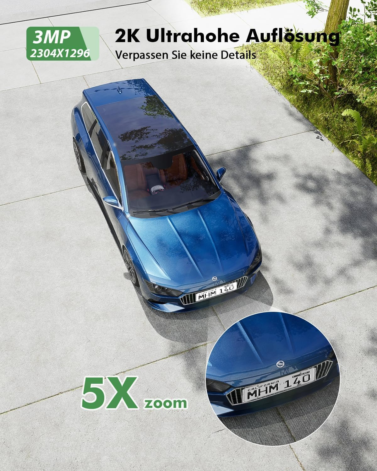Blaue Limousine parkt auf Beton, mit Text overlays und Zoom-Kreis.