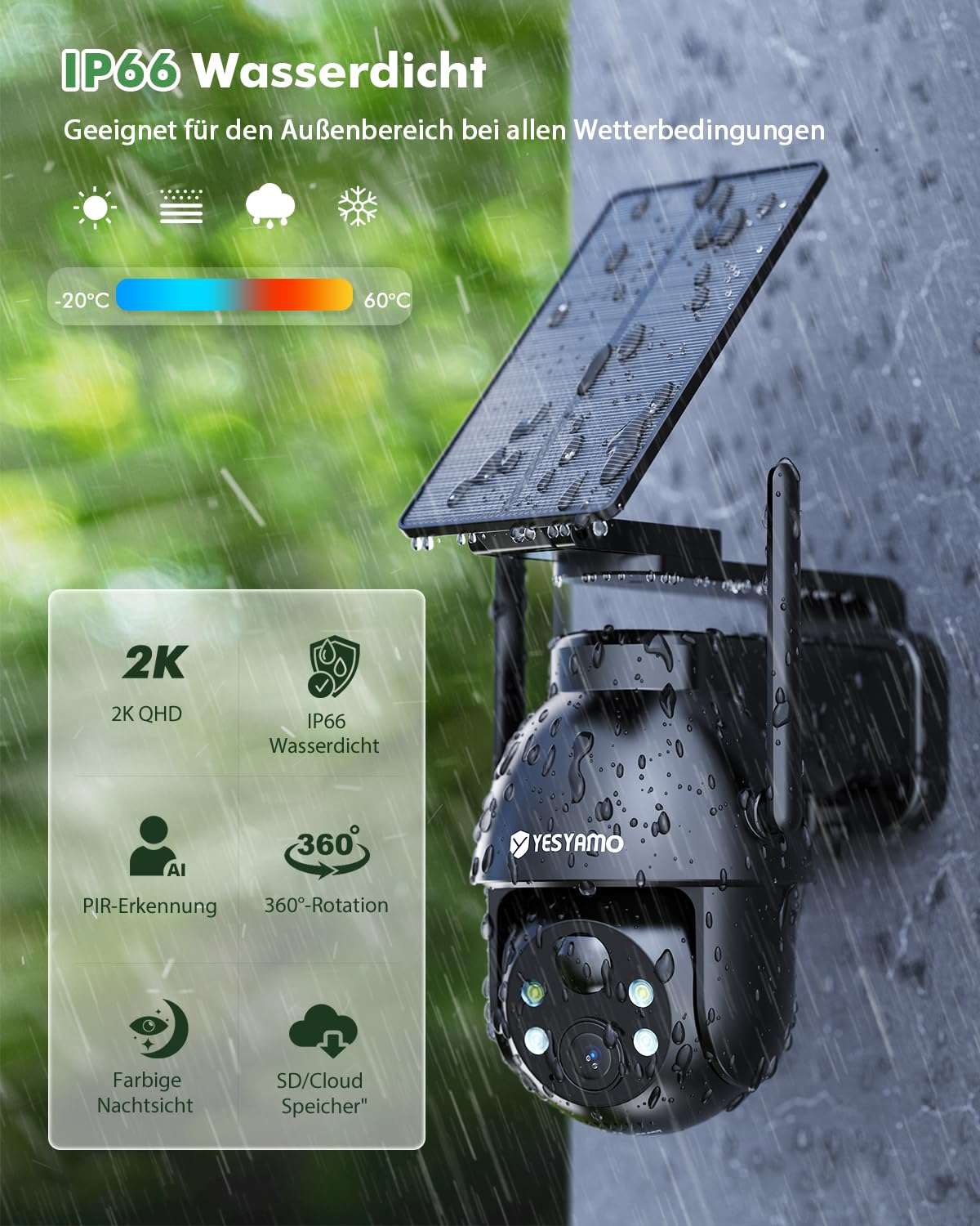 Wasserdichte Überwachungskamera mit Solarpanel im Regen, mit Textgrafiken.
