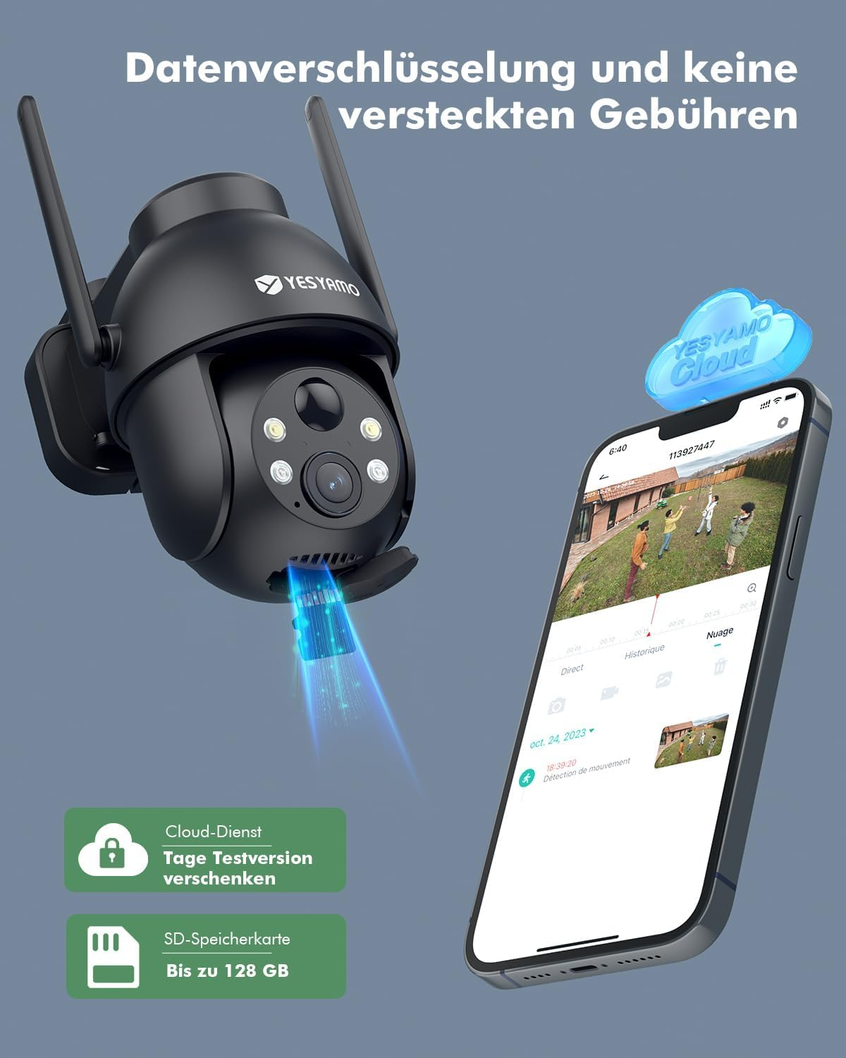 Eine schwarze Überwachungskamera mit zwei Antennen, einer SD-Karte und einem Smartphone mit Live-Video.