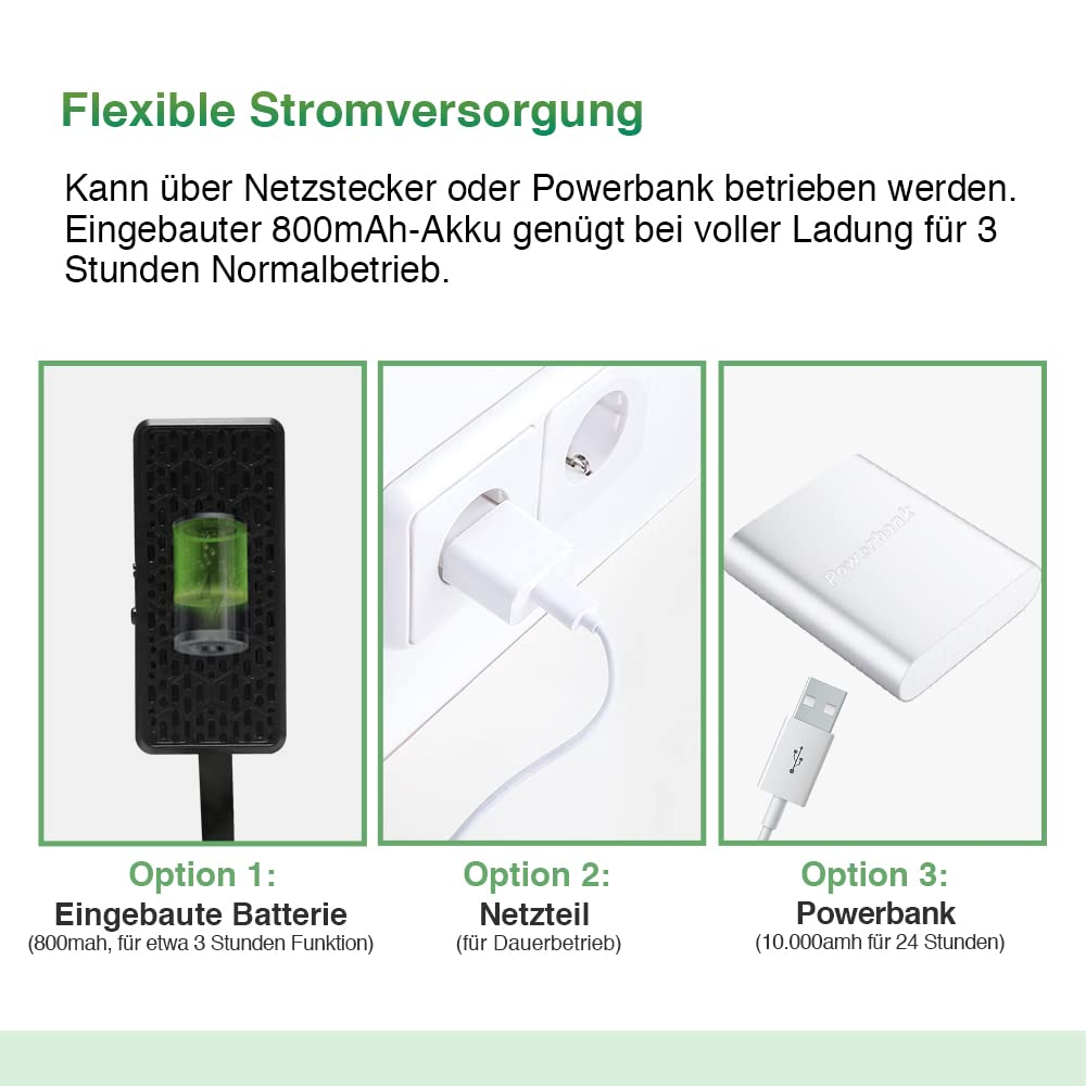 Alimentazione flessibile con tre opzioni: batteria interna, alimentatore o power bank.