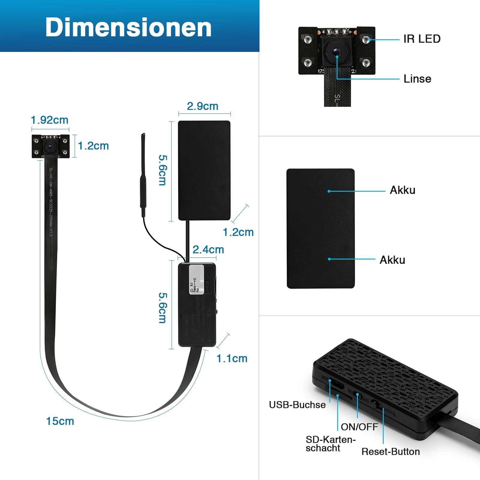 Il diagramma mostra dimensioni e parti di una mini telecamera spia con obiettivo, batteria e pulsanti.