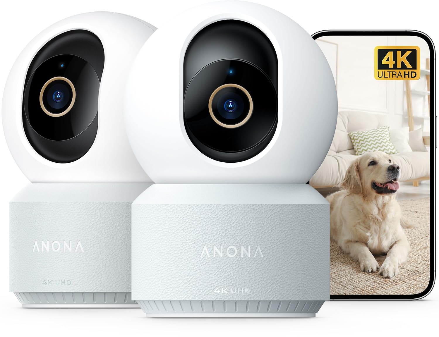 Deux caméras de sécurité blanches Anona devant un smartphone montrant un chien.