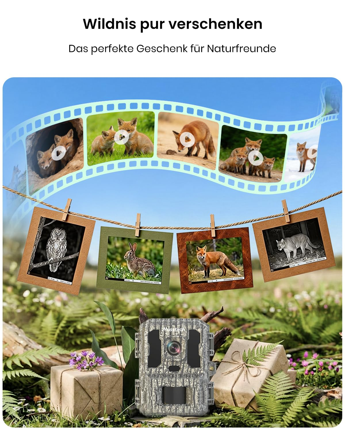 Una fototrappola in un prato con regali e foto di animali come volpi, un gufo e una lepre.