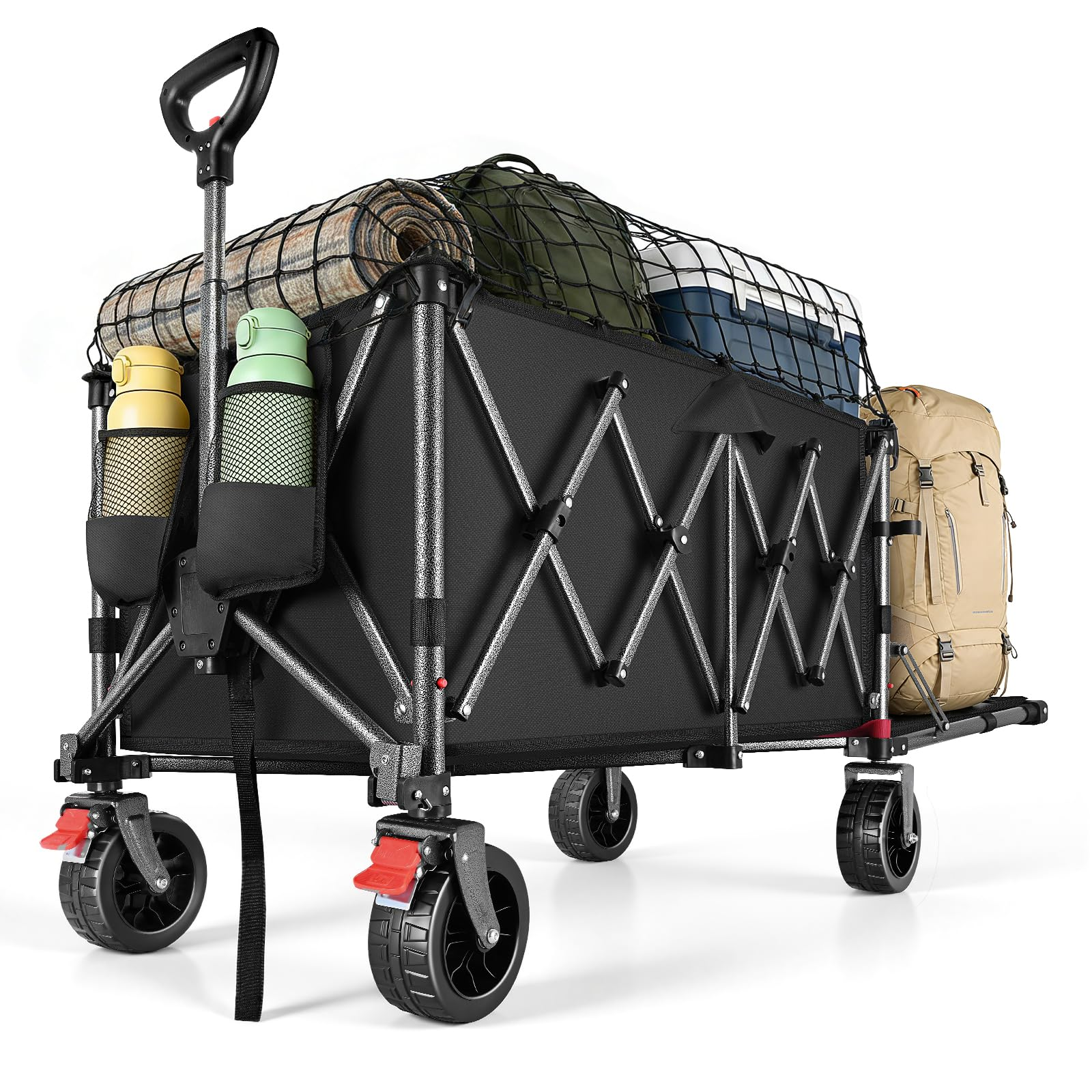 Un chariot utilitaire pliable noir avec cadre en métal chargé de matériel de camping et d'une glacière.