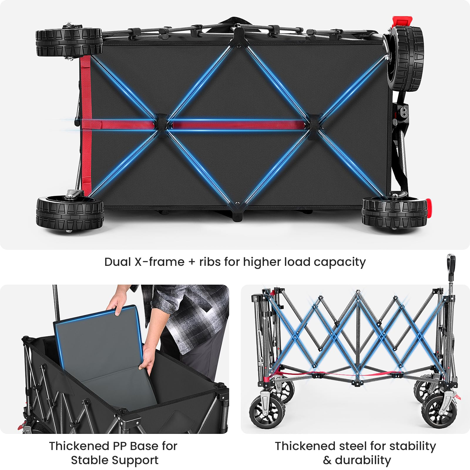 Fond d'un chariot pliable avec double cadre en X, base PP et acier épais pour une capacité élevée.