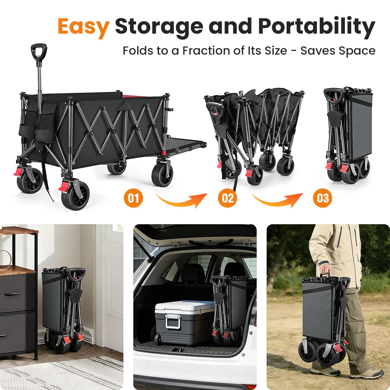 Un chariot utilitaire noir pliable présenté à différentes étapes, dans un coffre et transporté.