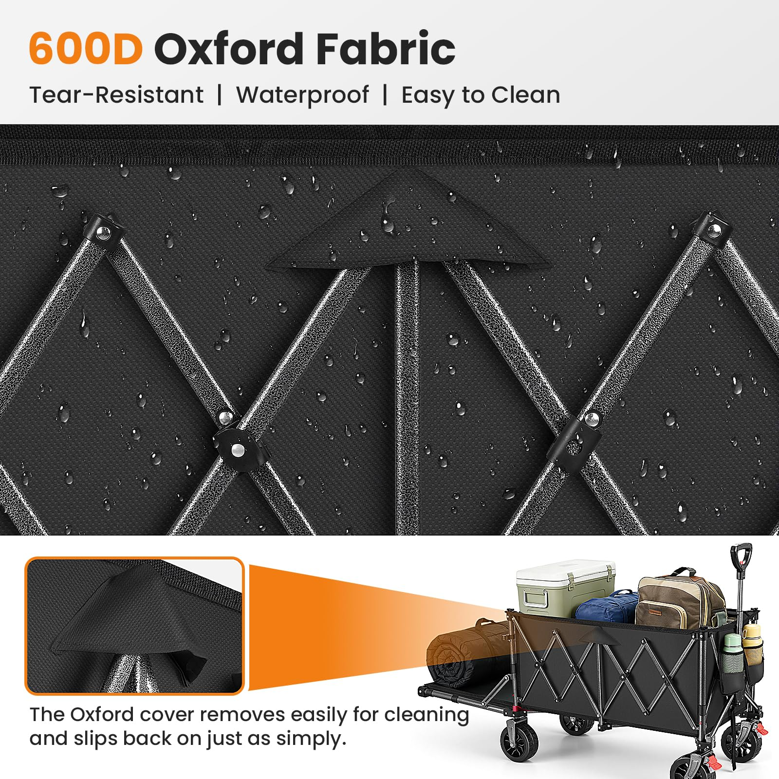 Gouttes d'eau sur le tissu Oxford noir 600D d'un chariot pliable.
