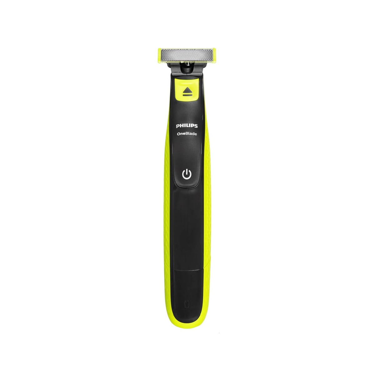 Ein schwarz-gelber Philips OneBlade Trimmer mit silberner Klinge auf einem weißen Hintergrund.