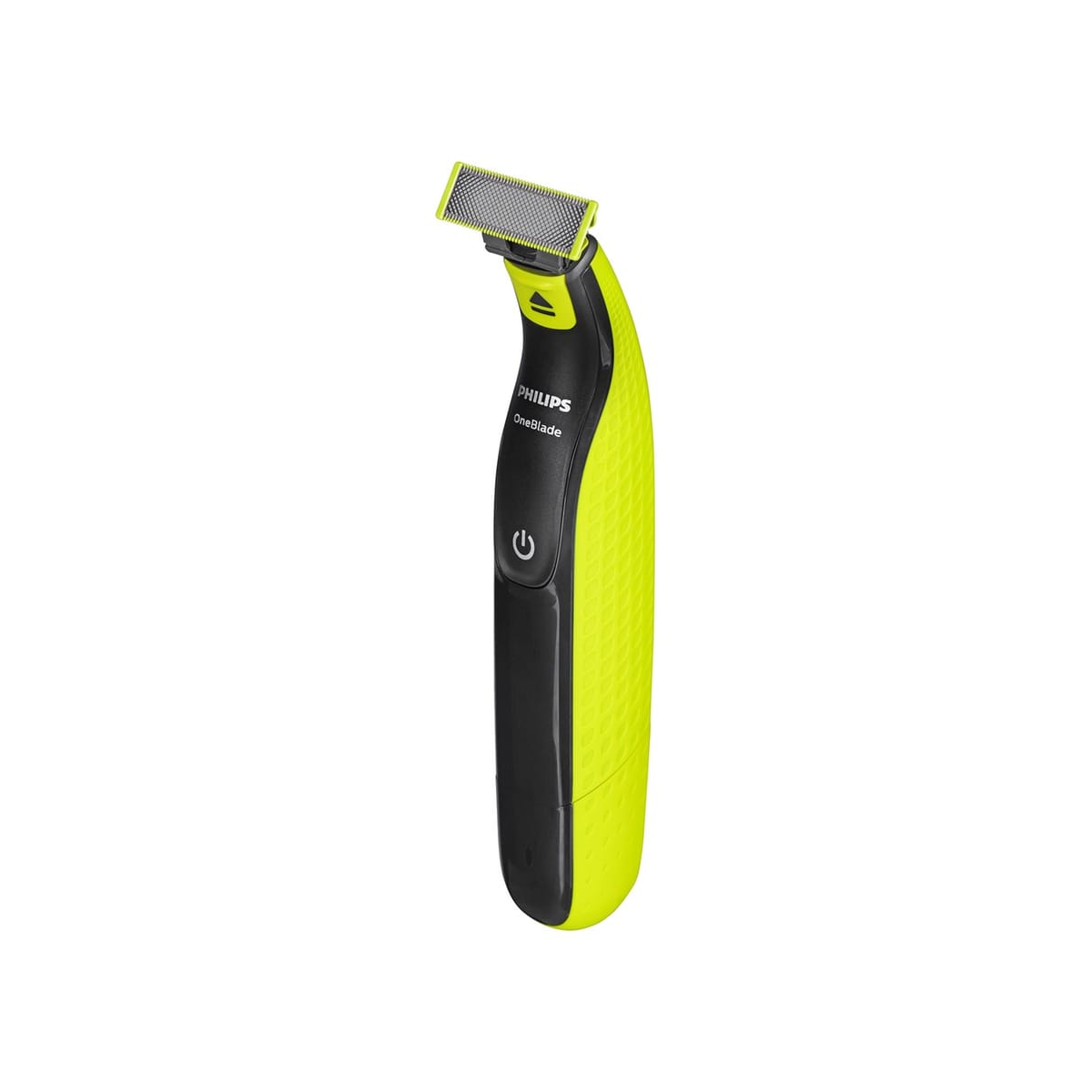 Ein grün-schwarzer Philips OneBlade Rasierer auf weißem Hintergrund.