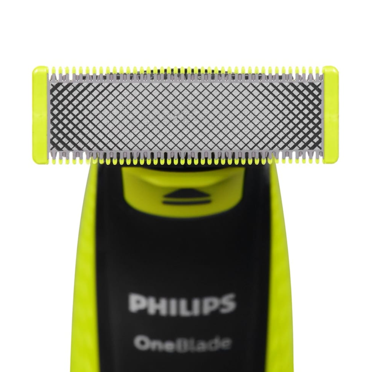 Nahaufnahme eines Philips OneBlade Rasierers mit grüner und silberner Klinge.