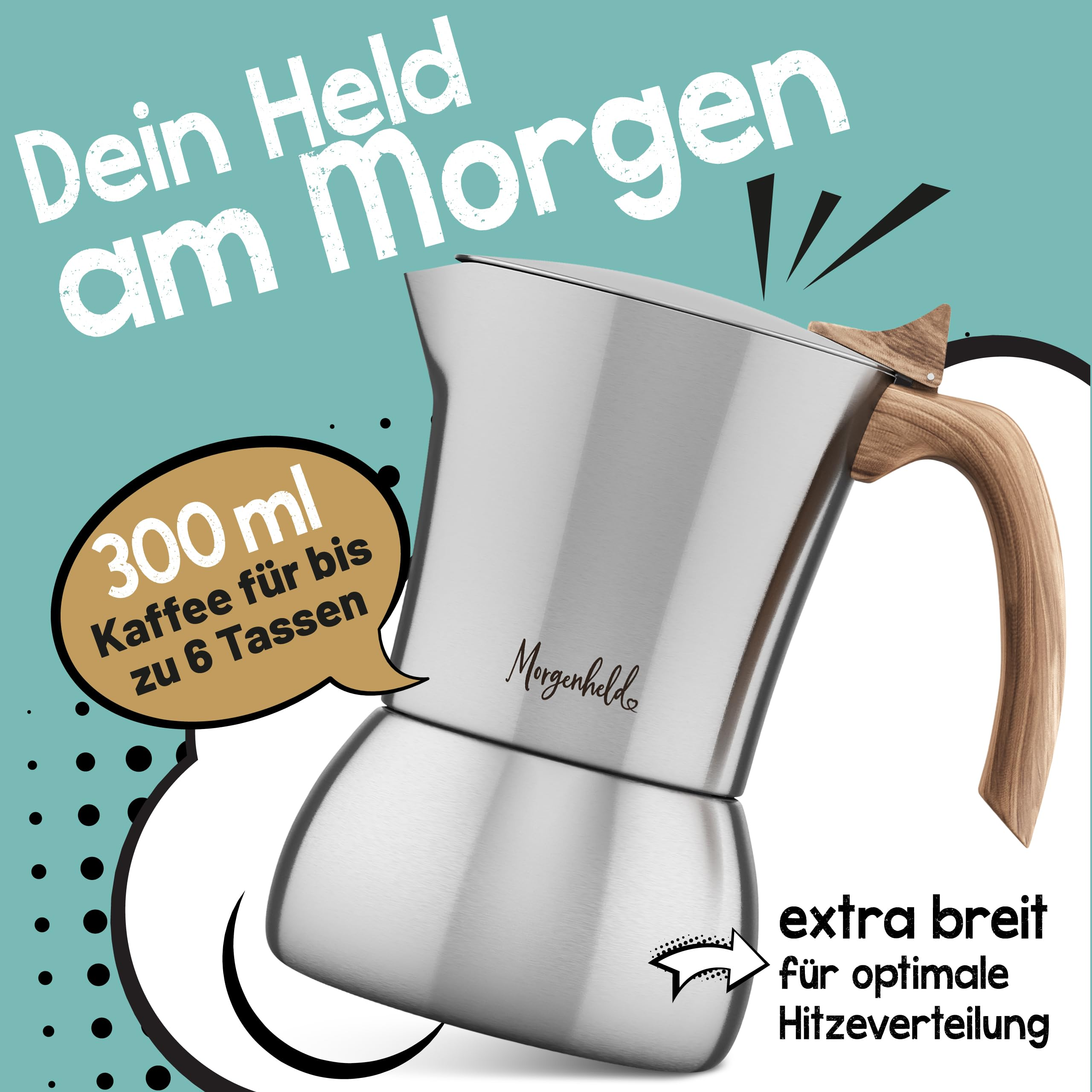 Cafetière expresso en acier inoxydable avec poignée en bois sur fond de bande dessinée.
