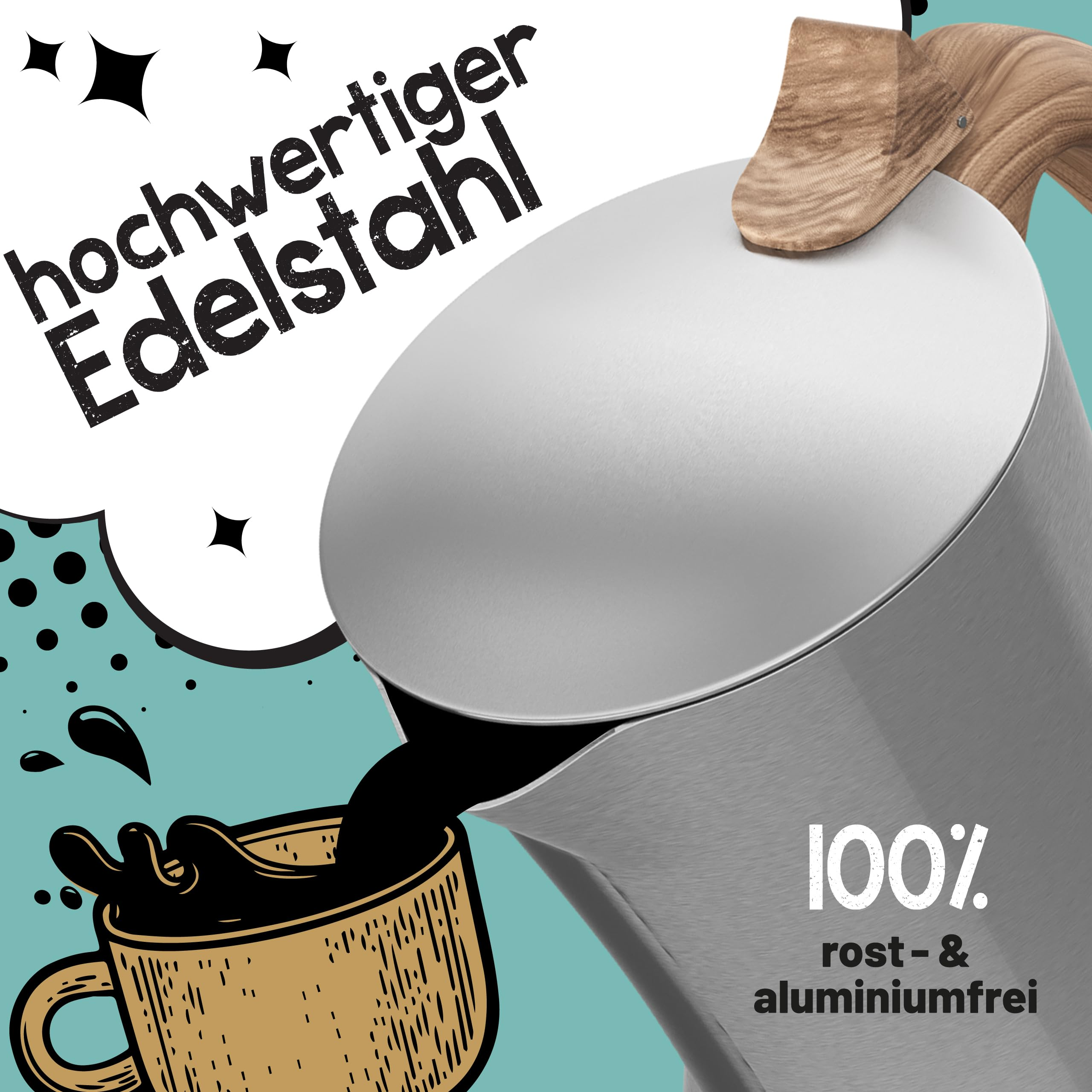 Une cafetière en acier inoxydable verse du café dans une tasse jaune sur fond bleu avec du texte graphique allemand.