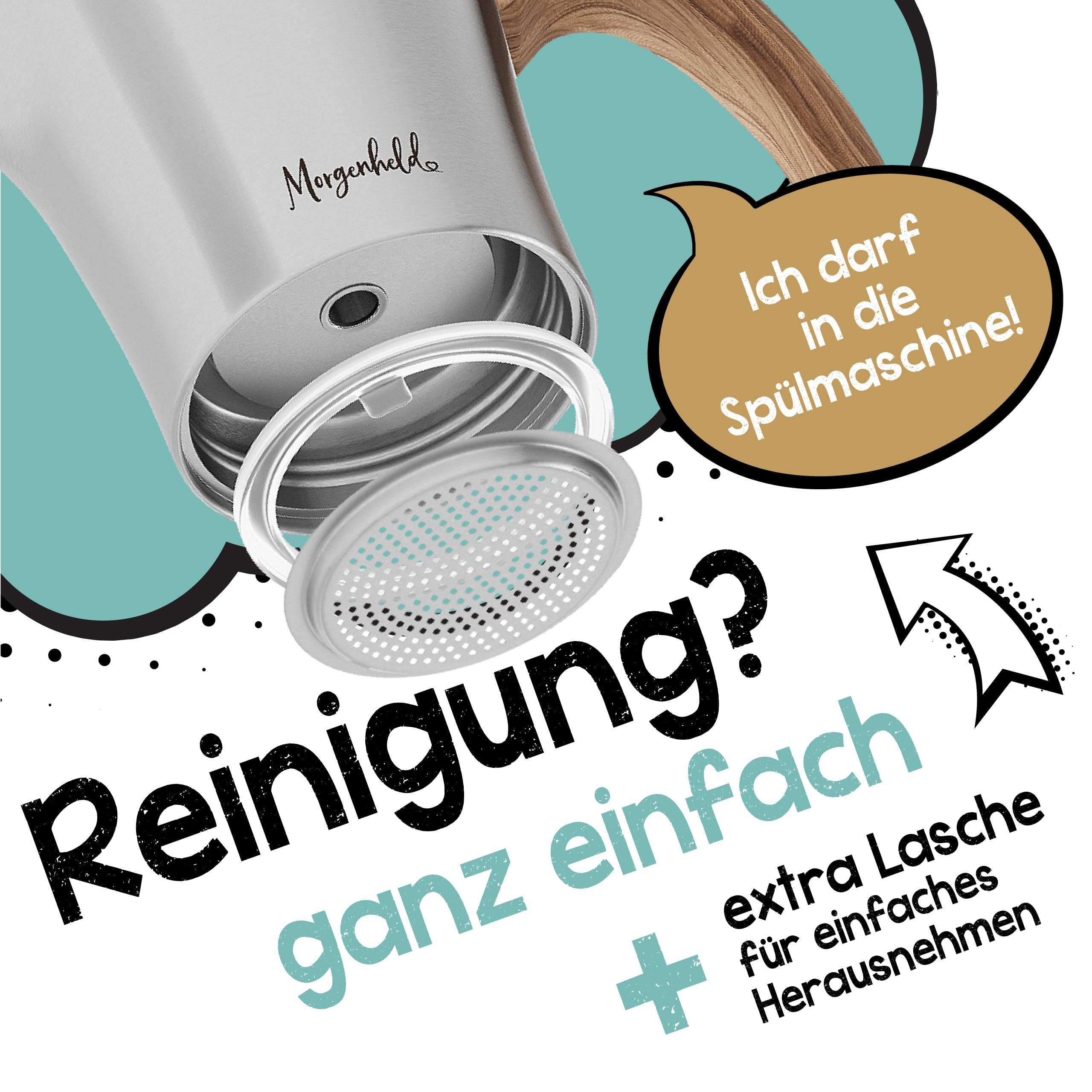 Fond d'une cafetière avec filtre amovible et texte sur le nettoyage facile au lave-vaisselle.