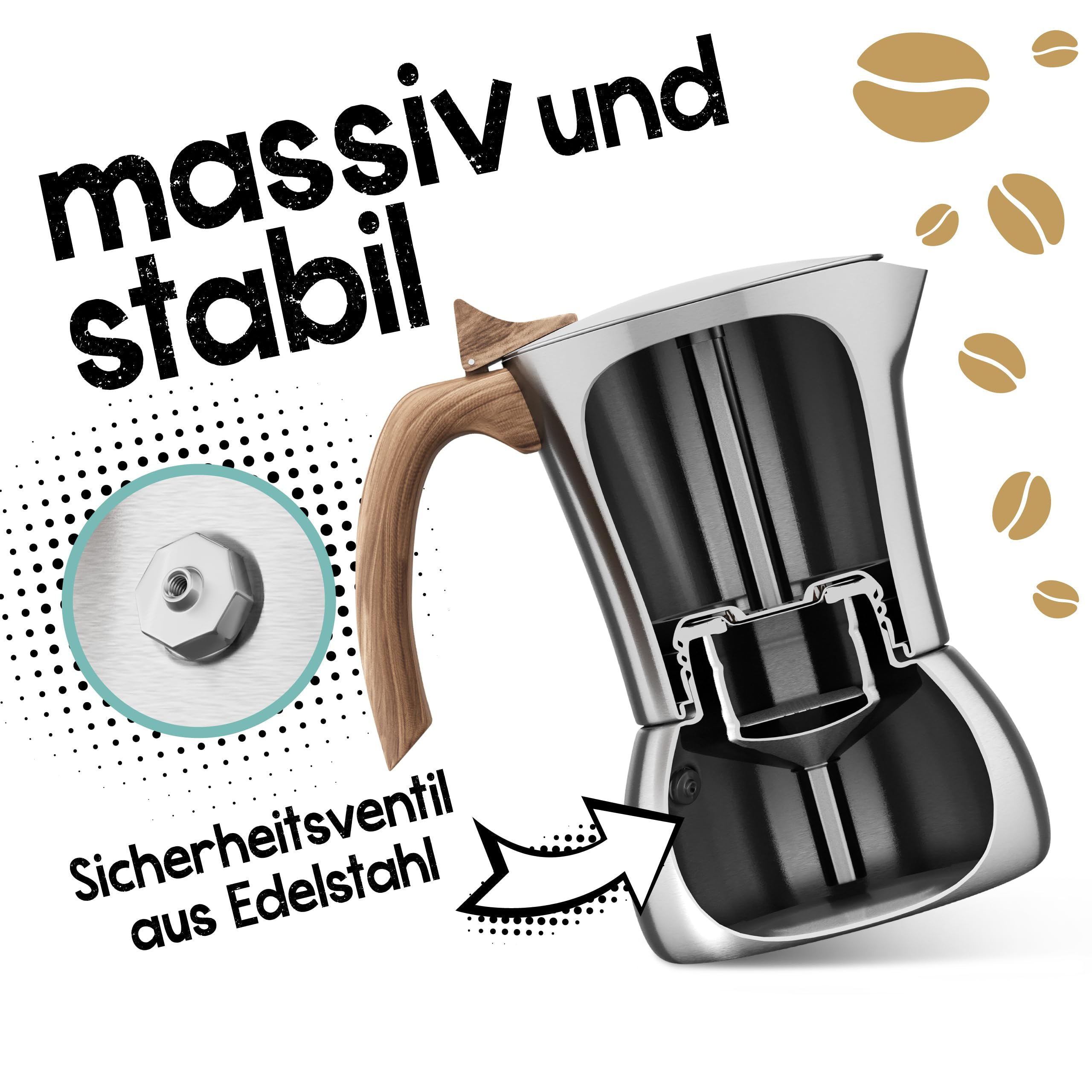 Coupe transversale d'une cafetière italienne en acier inoxydable avec poignée en bois, valve en acier et grains de café.