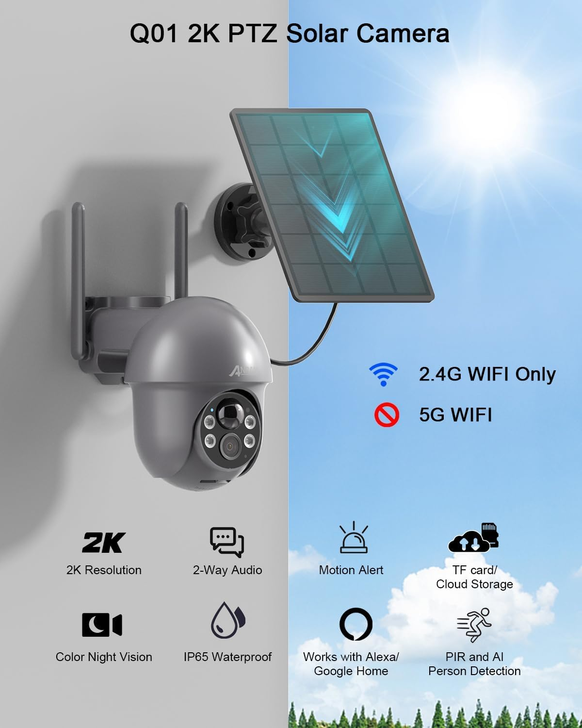 Caméra de sécurité solaire PTZ grise avec panneau solaire, antennes Wi-Fi et icônes.