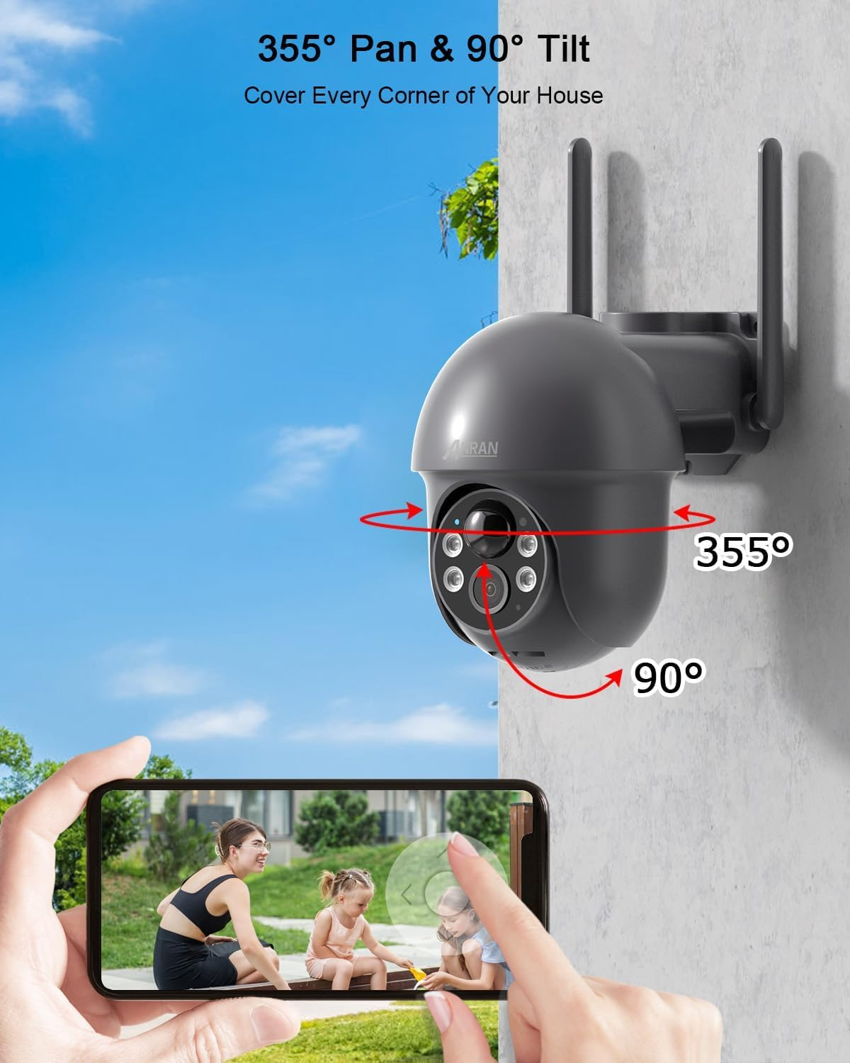 Une caméra de sécurité grise sur un mur montre une rotation de 355 degrés et une inclinaison de 90 degrés.