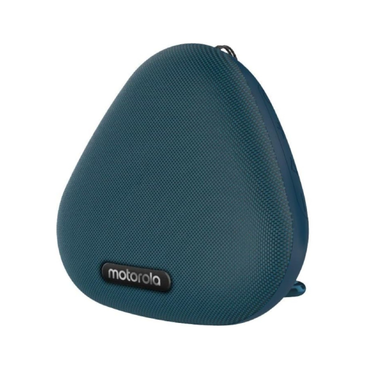 Ein blauer, dreieckiger Motorola-Bluetooth-Lautsprecher auf weißem Hintergrund.